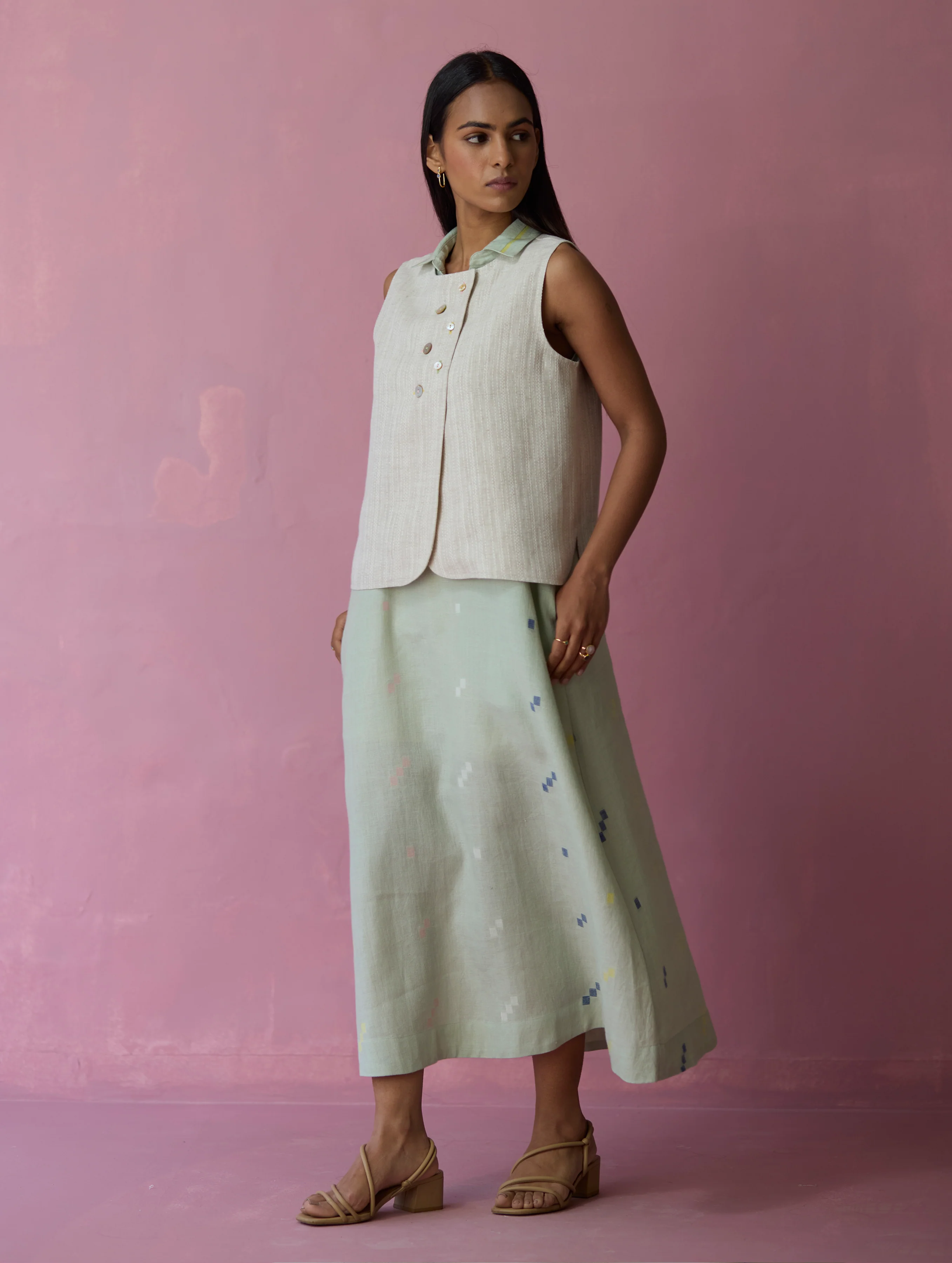 Cara Collared Jamdani Linen Co-ord Set - Aqua - Image 7