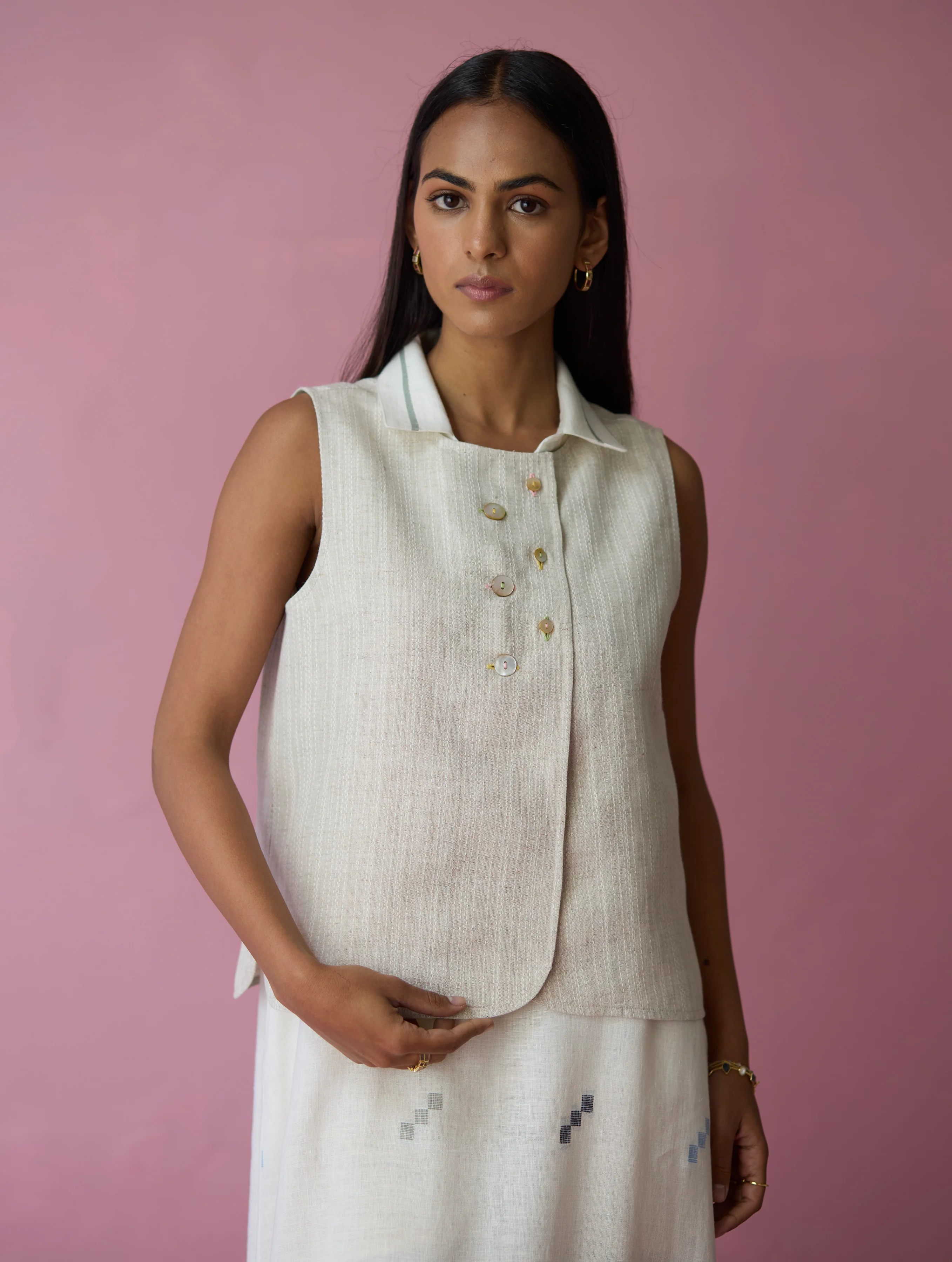 Cara Collared Jamdani Linen Co-ord Set - Ivory - Image 2
