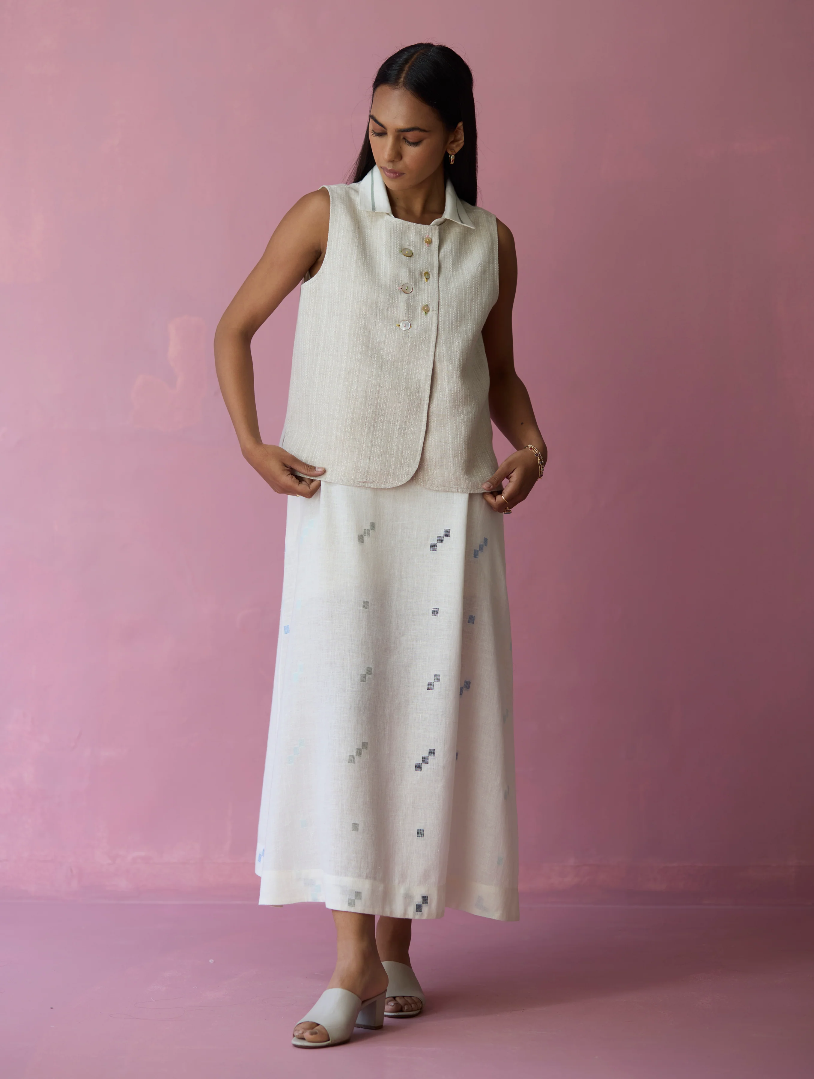 Ira Pickstitch Linen Vest - Ecru - Image 2