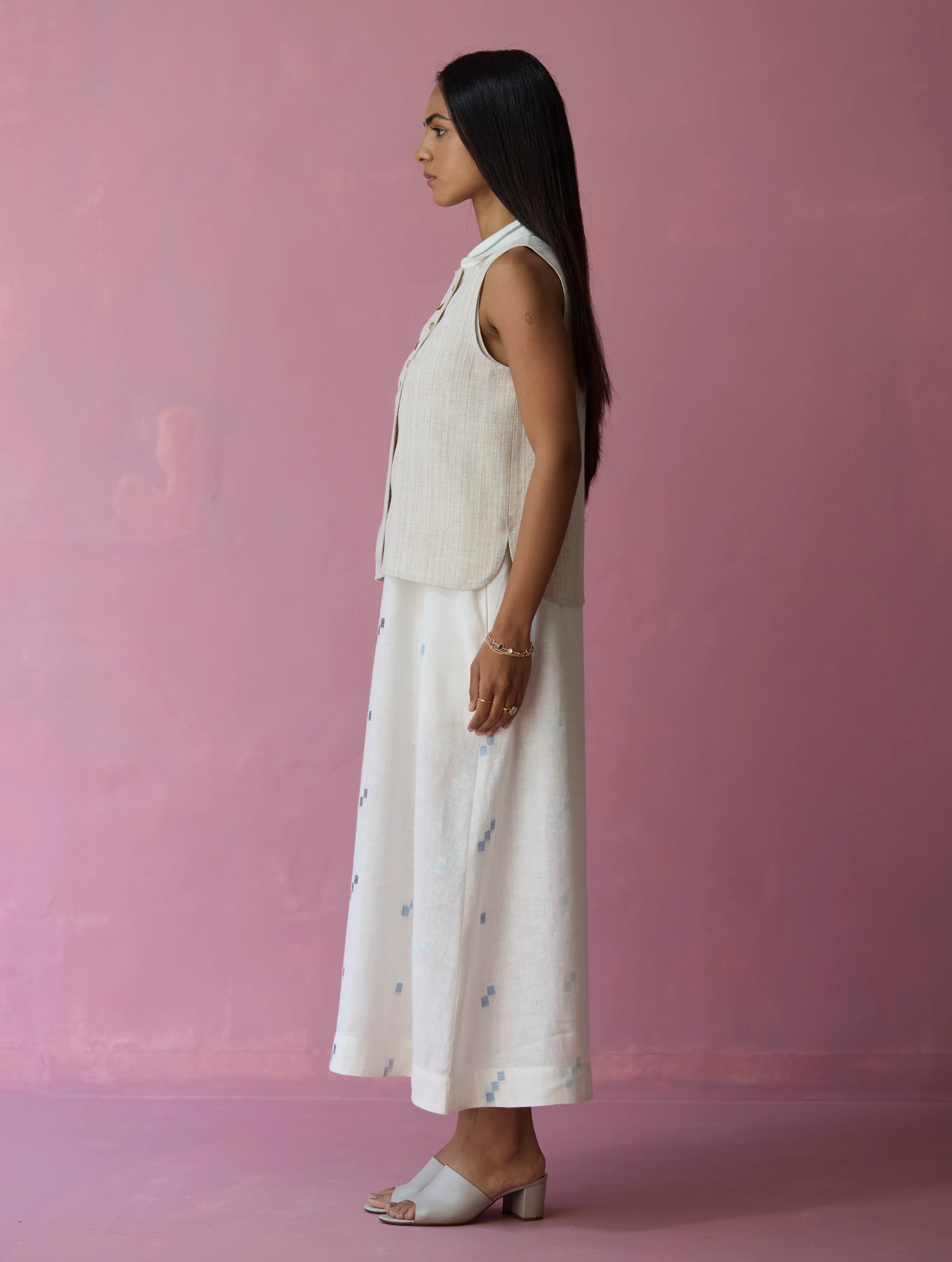 Cara Collared Jamdani Linen Co-ord Set - Ivory - Image 7