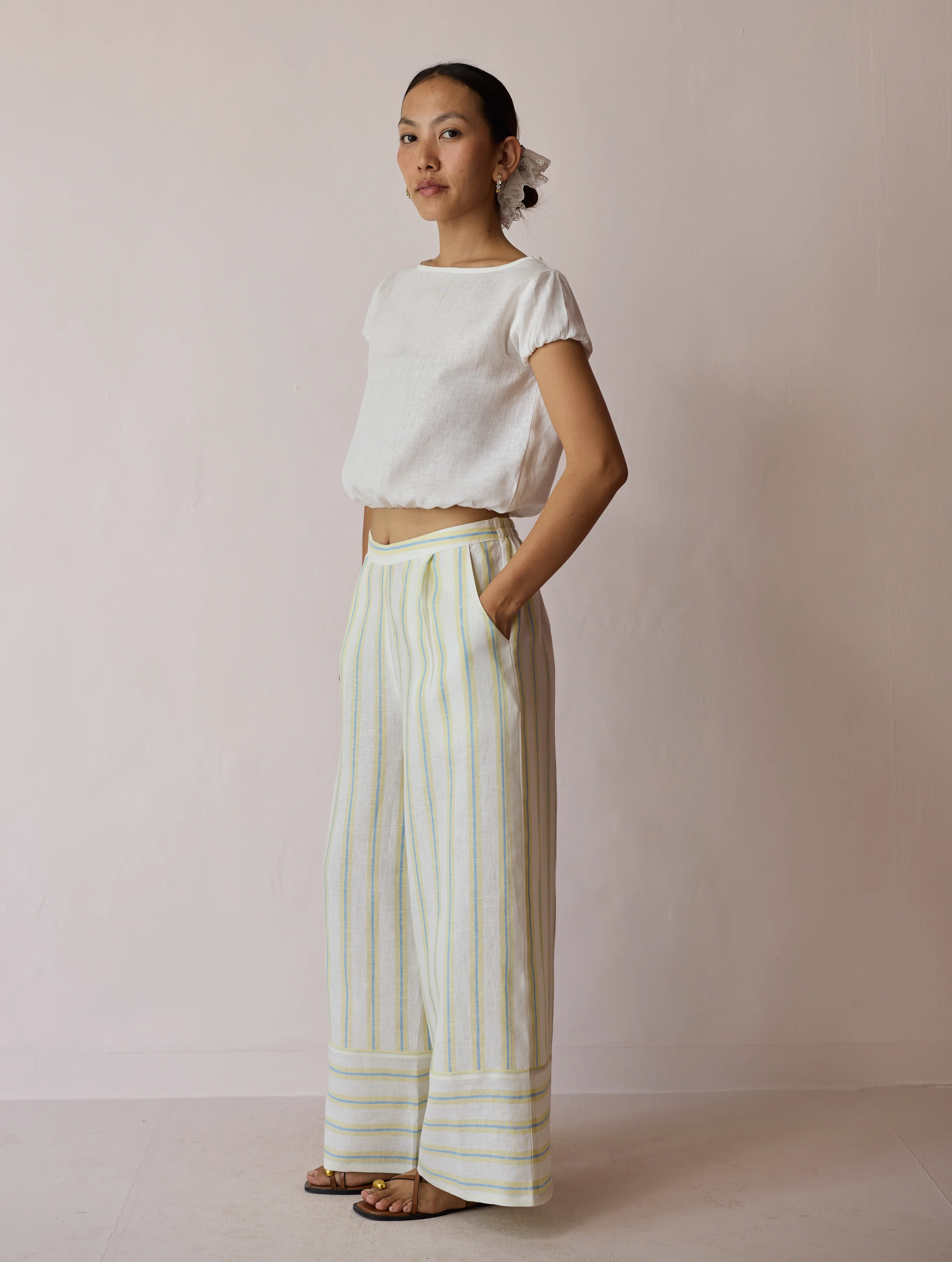 Carmi Wide Leg Stripe Linen Pants - Ivory - Image 4