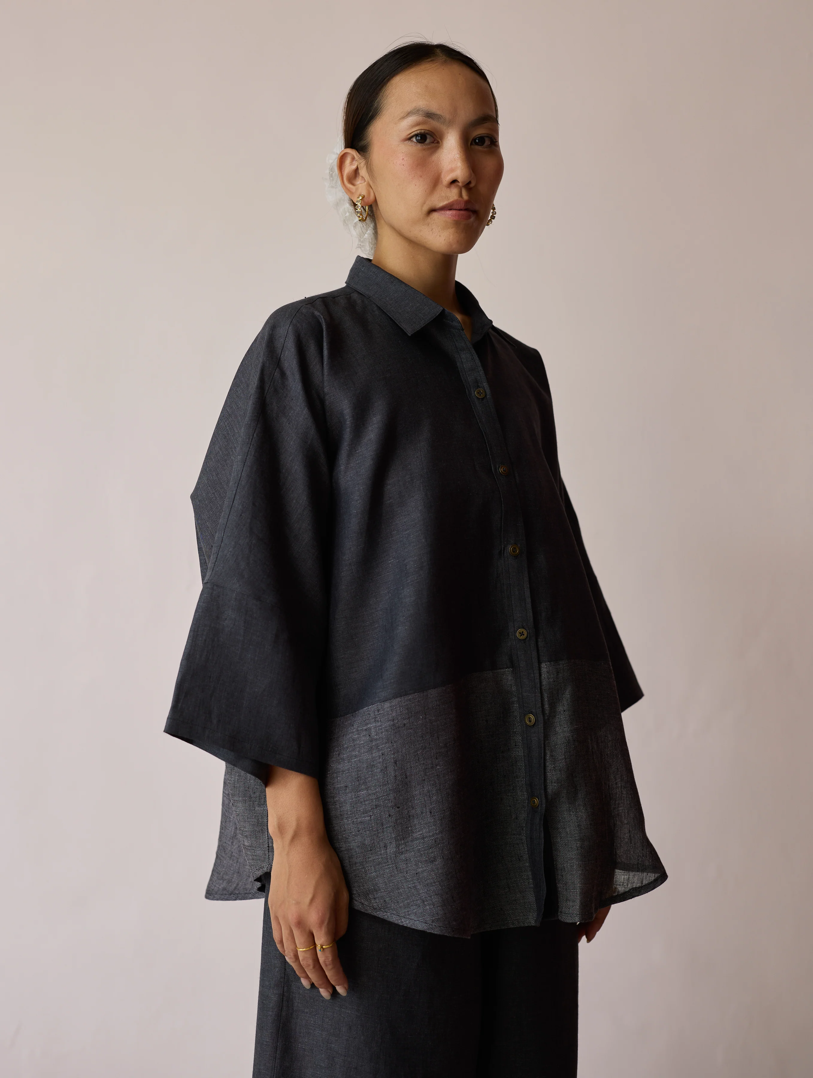 Cassa Linen Patchwork Shirt - Charcoal - Image 13