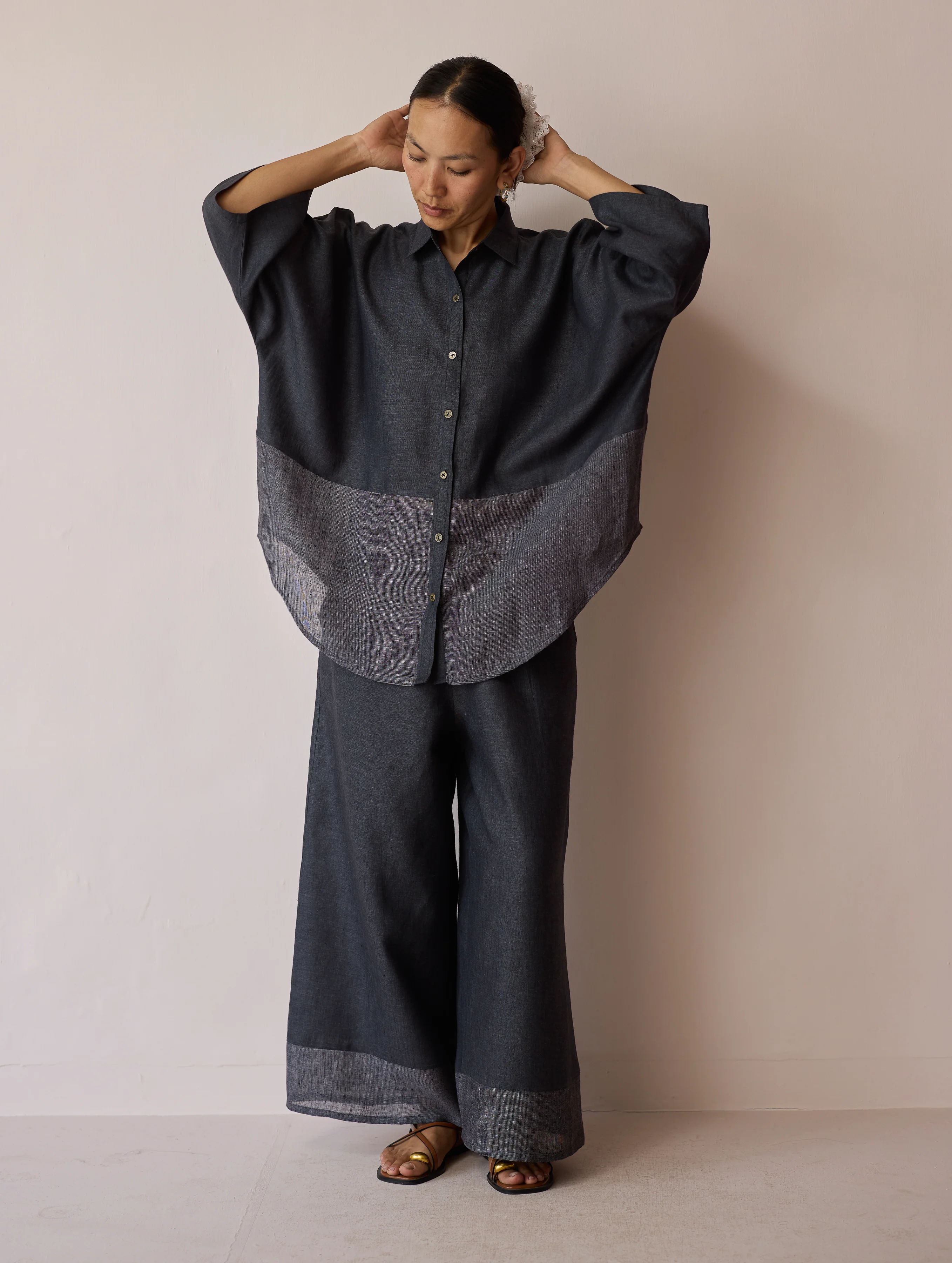 Cassa Linen Patchwork Shirt - Charcoal - Image 2