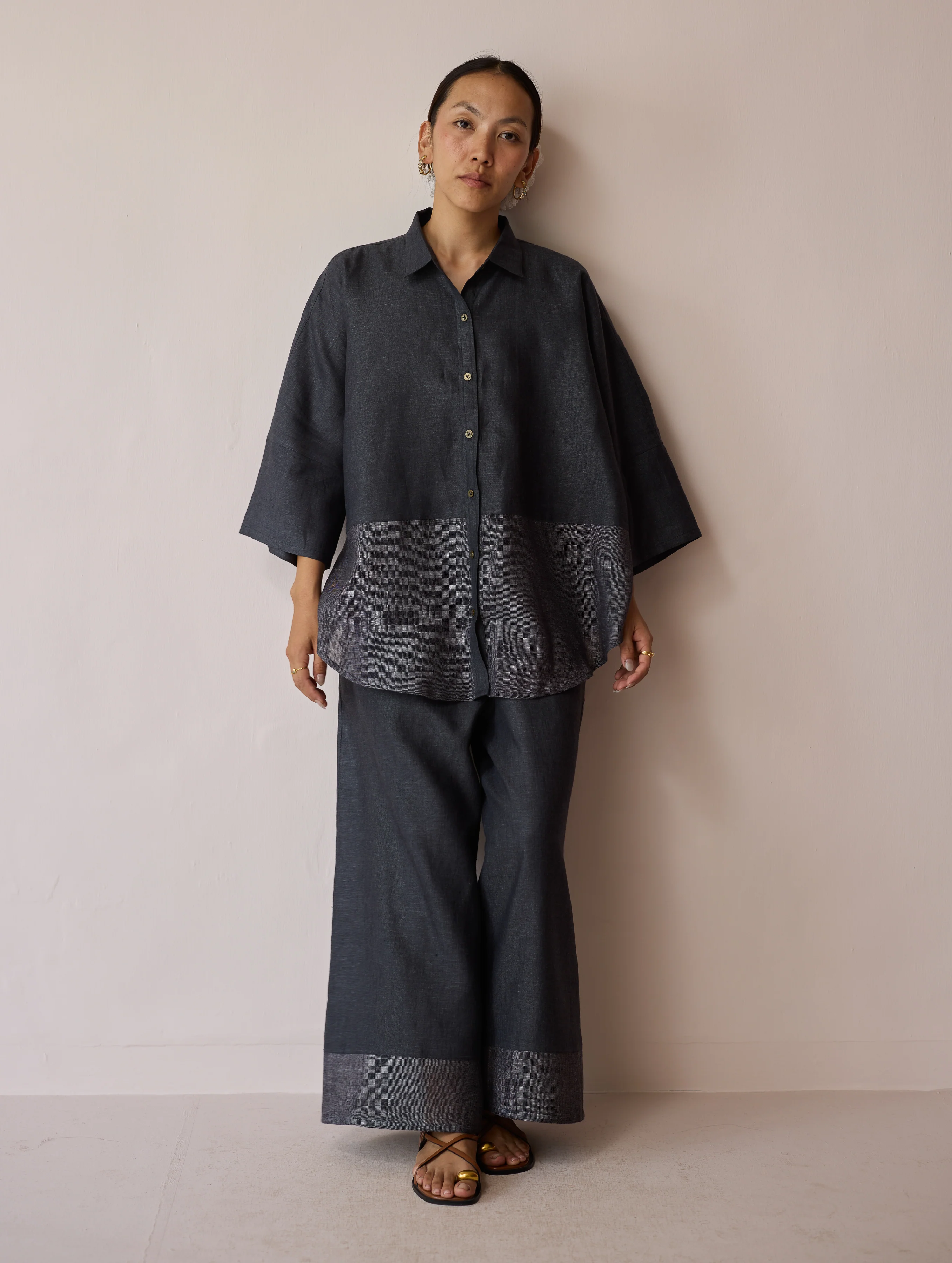 Cassa Linen Patchwork Shirt - Charcoal - Image 3