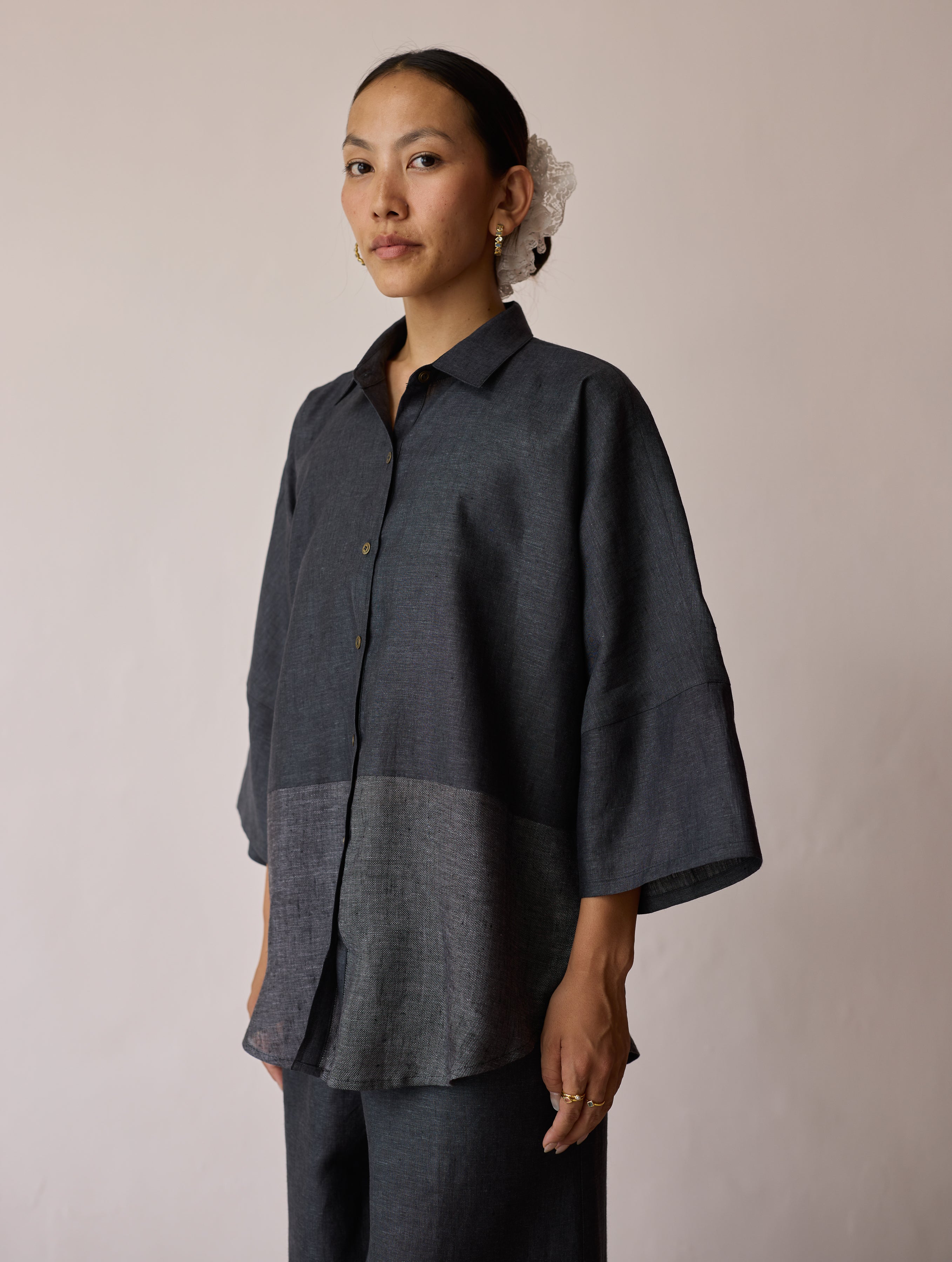 Cassa Linen Patchwork Shirt - Charcoal - Image 4