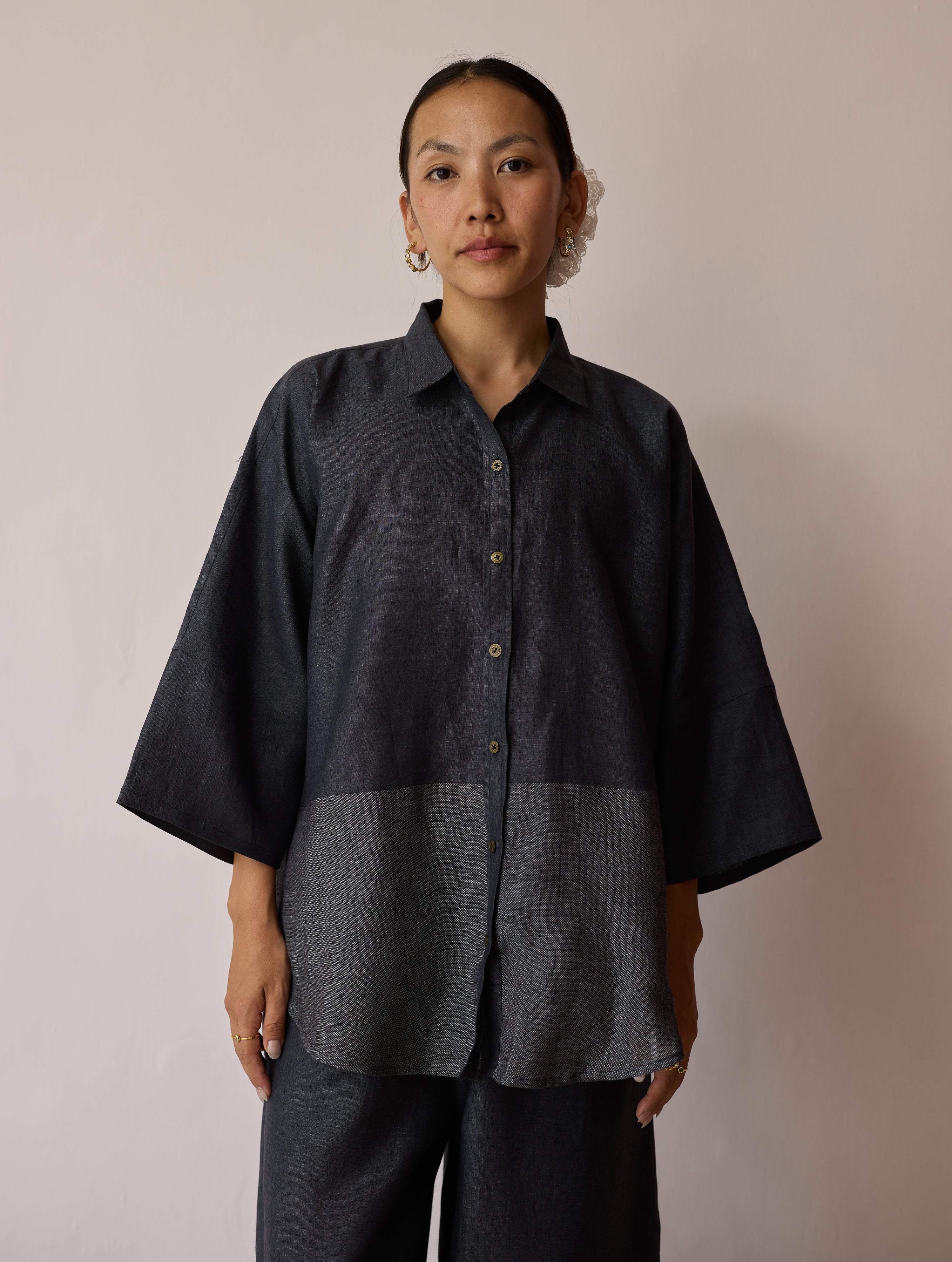 Cassa Linen Patchwork Shirt - Charcoal - Image 6