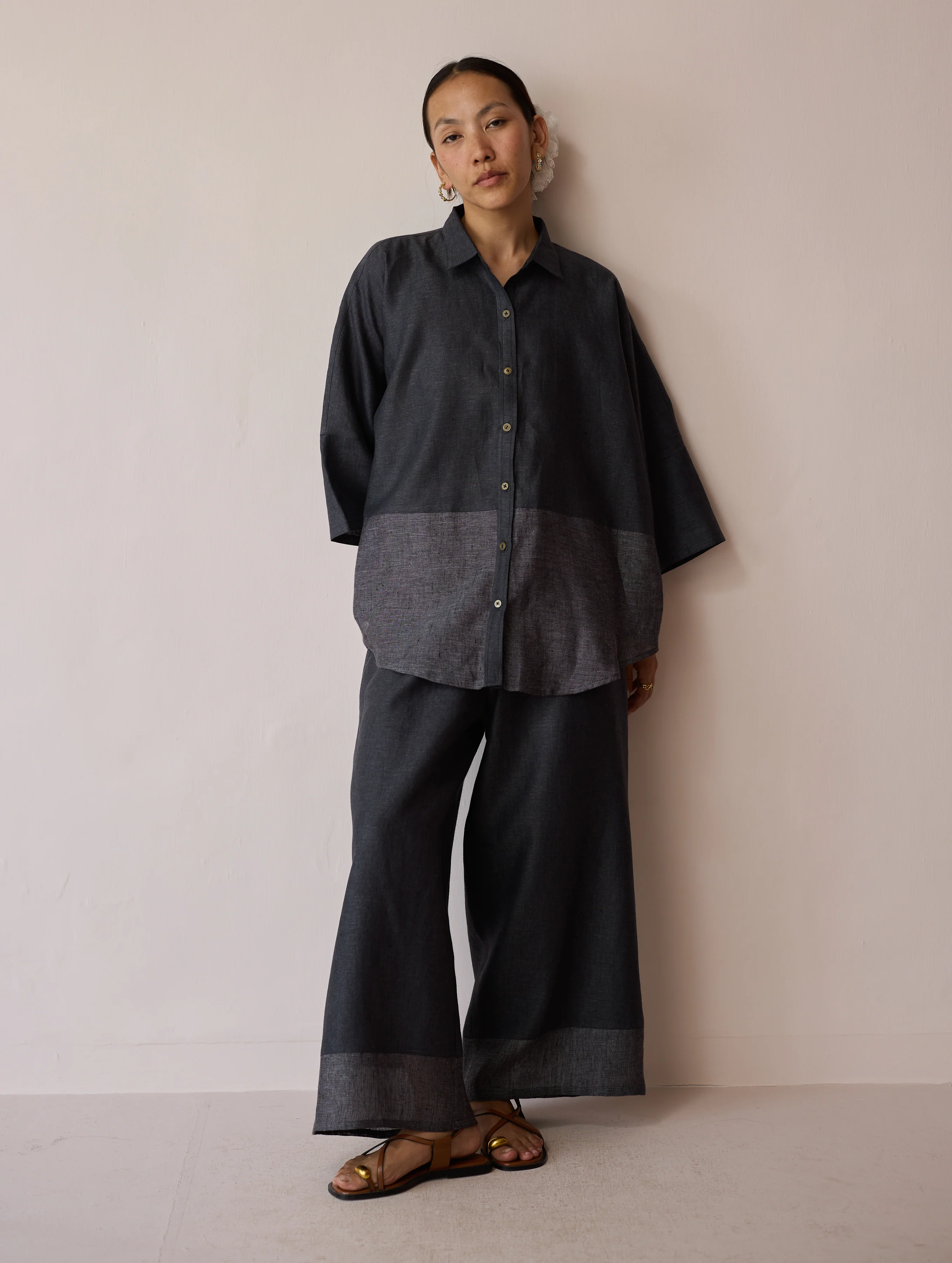 Cassa Linen Patchwork Shirt - Charcoal - Image 8
