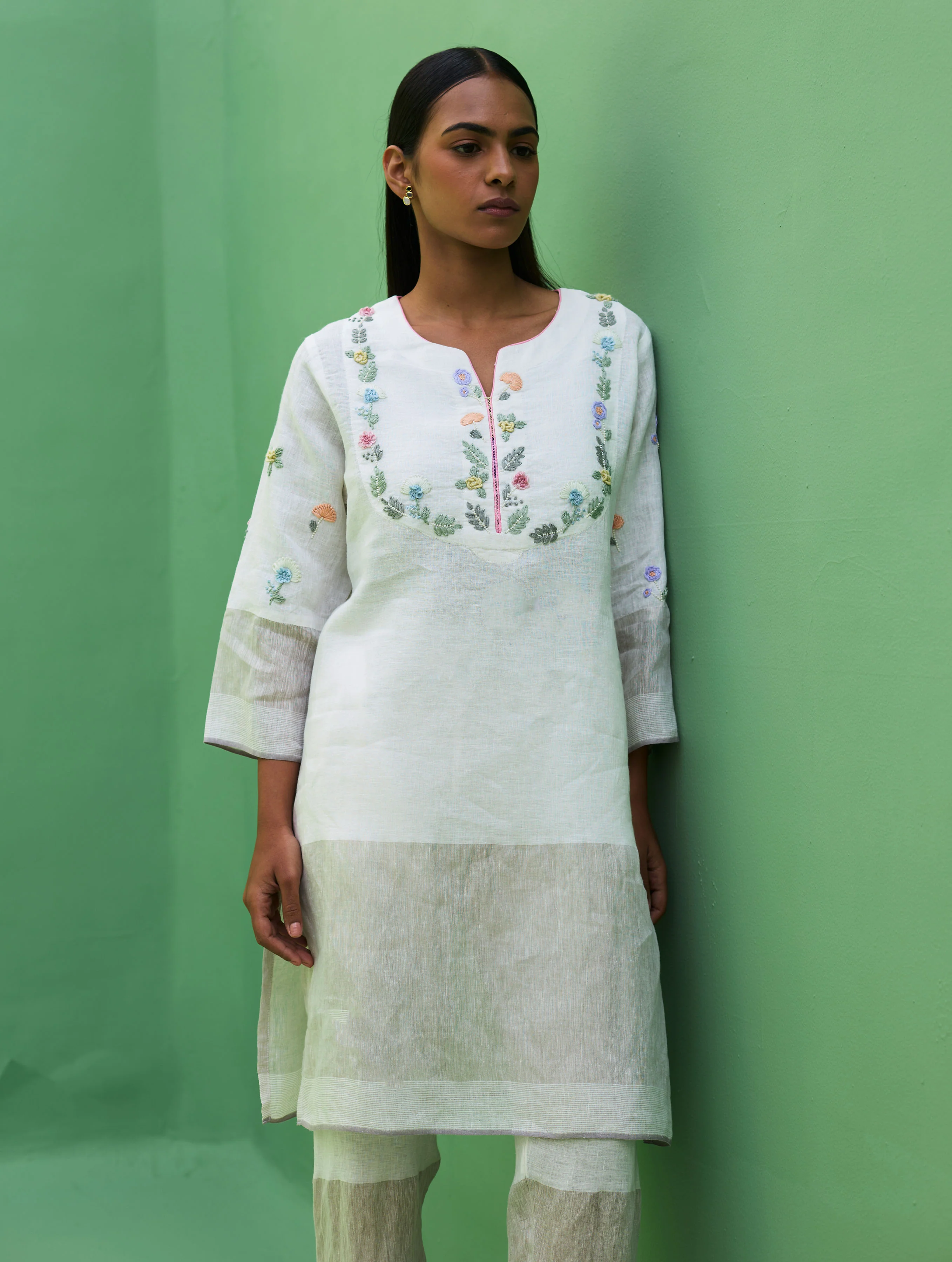 Celia Hand-Embroidered Metallic Linen Kurta - Ivory - Image 6