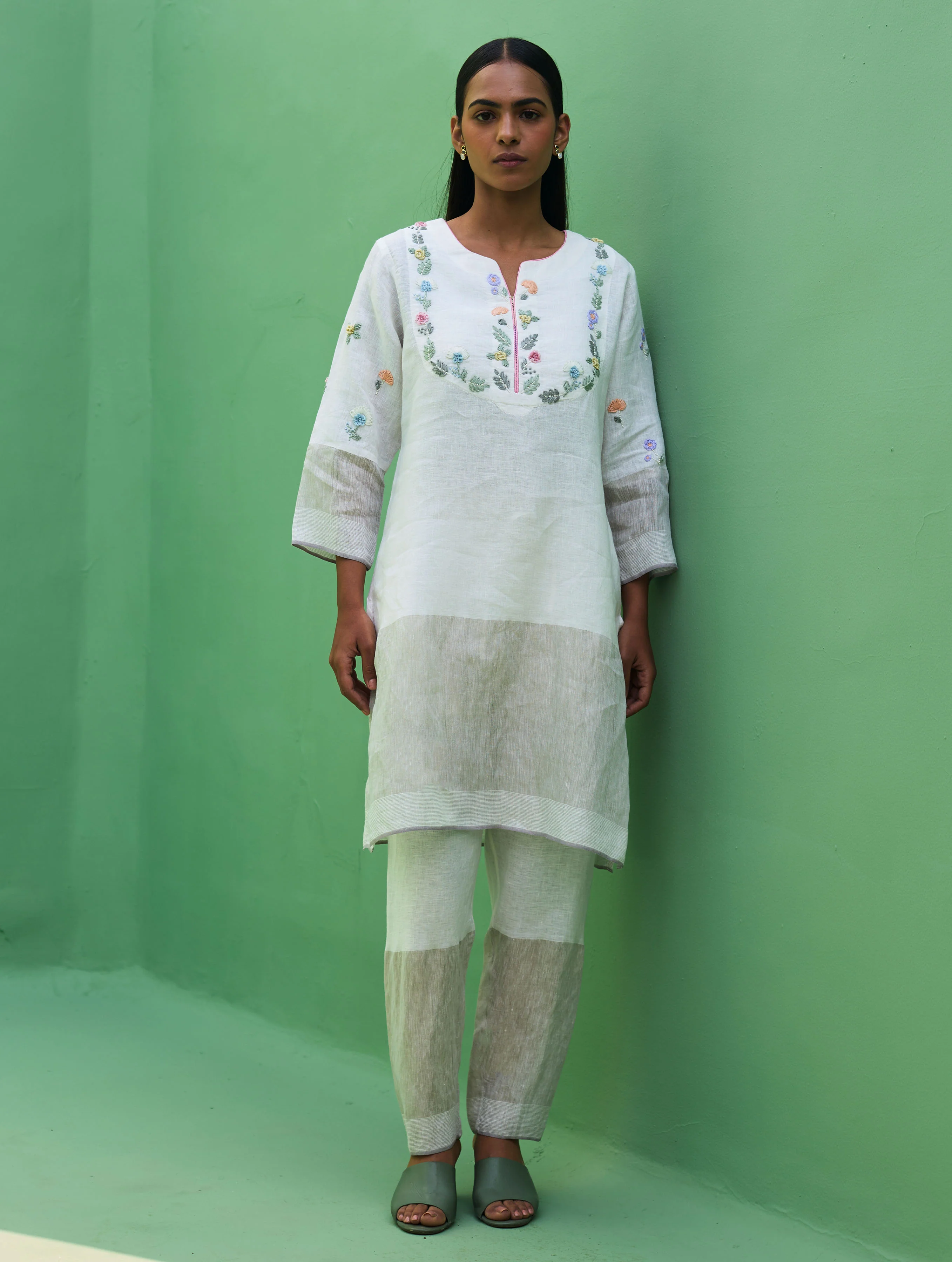 Celia Hand-Embroidered Metallic Linen Kurta - Ivory - Image 8