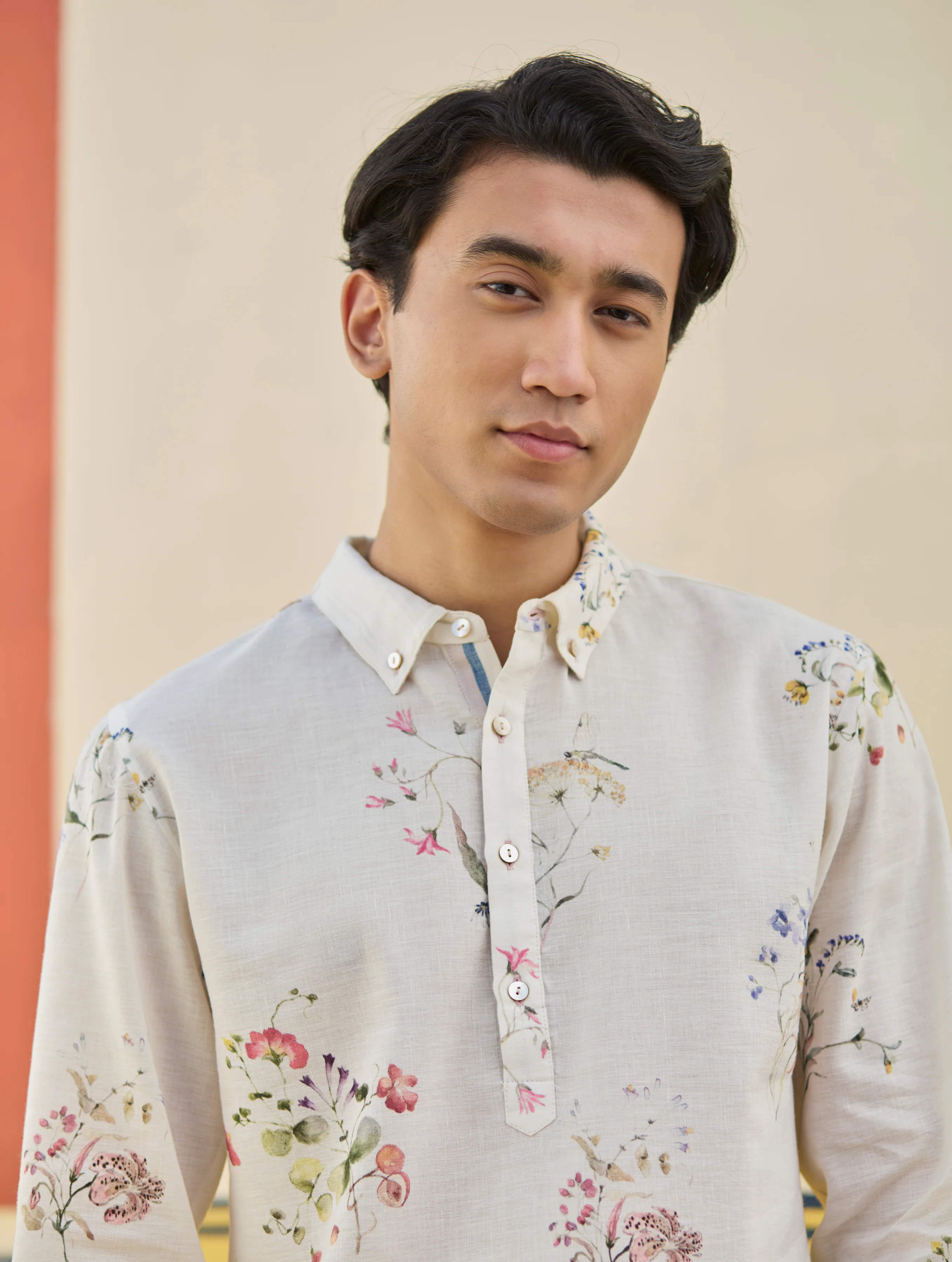 Ciro Watercolour Floral Kurta - Ivory - Image 3