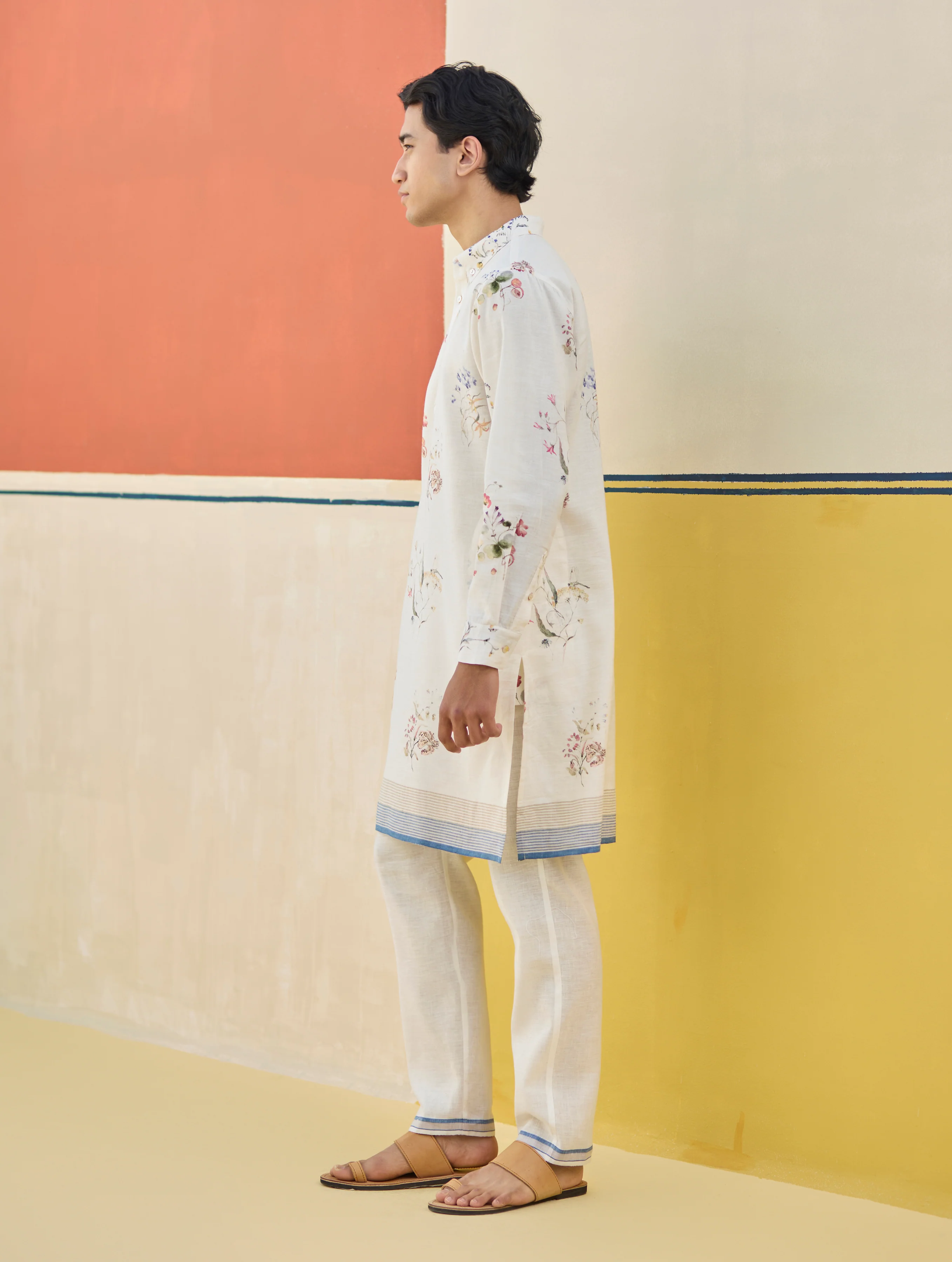Ciro Watercolour Floral Kurta - Ivory - Image 4