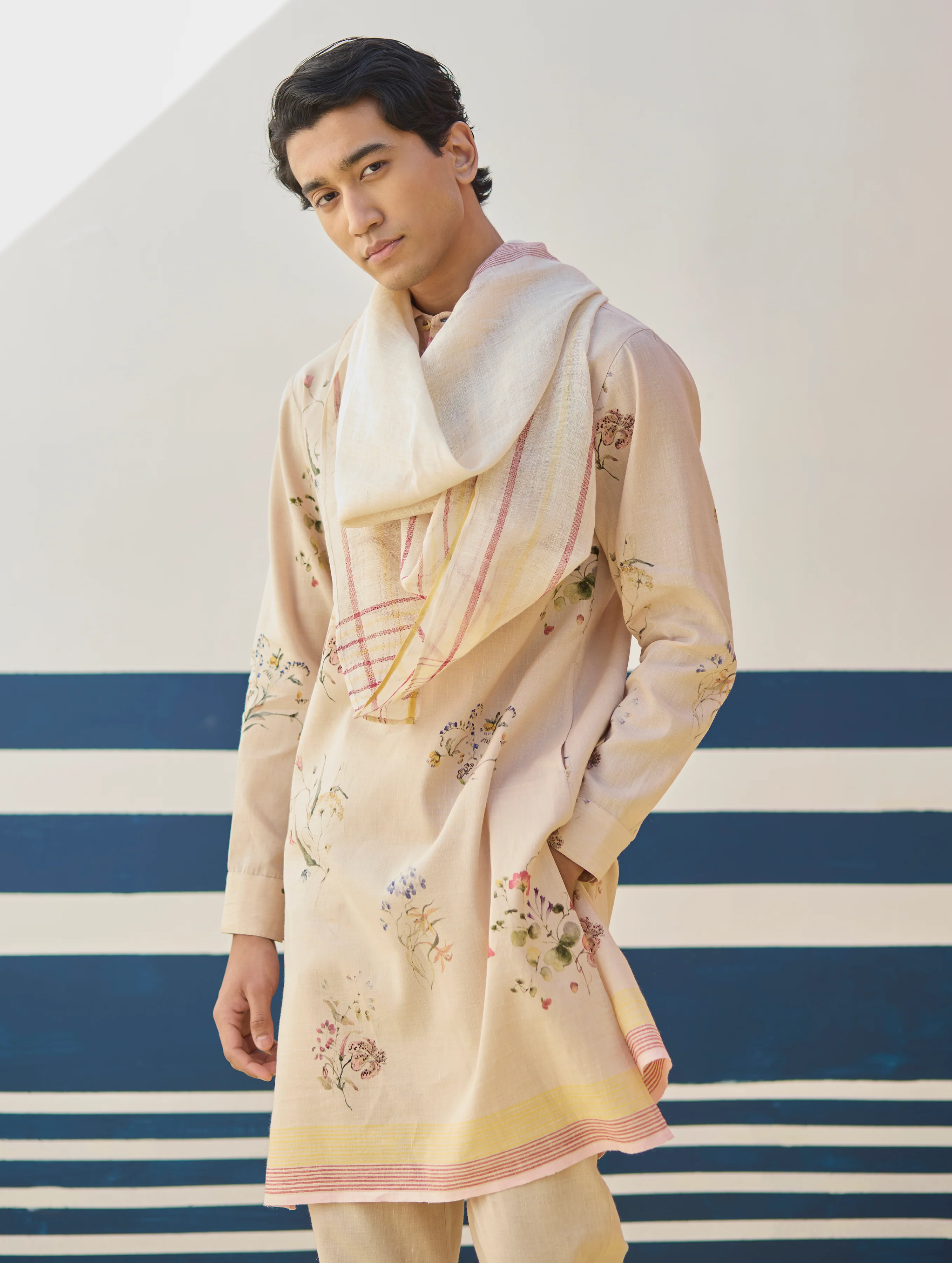 Ciro Watercolour Floral Kurta - Sand - Image 5