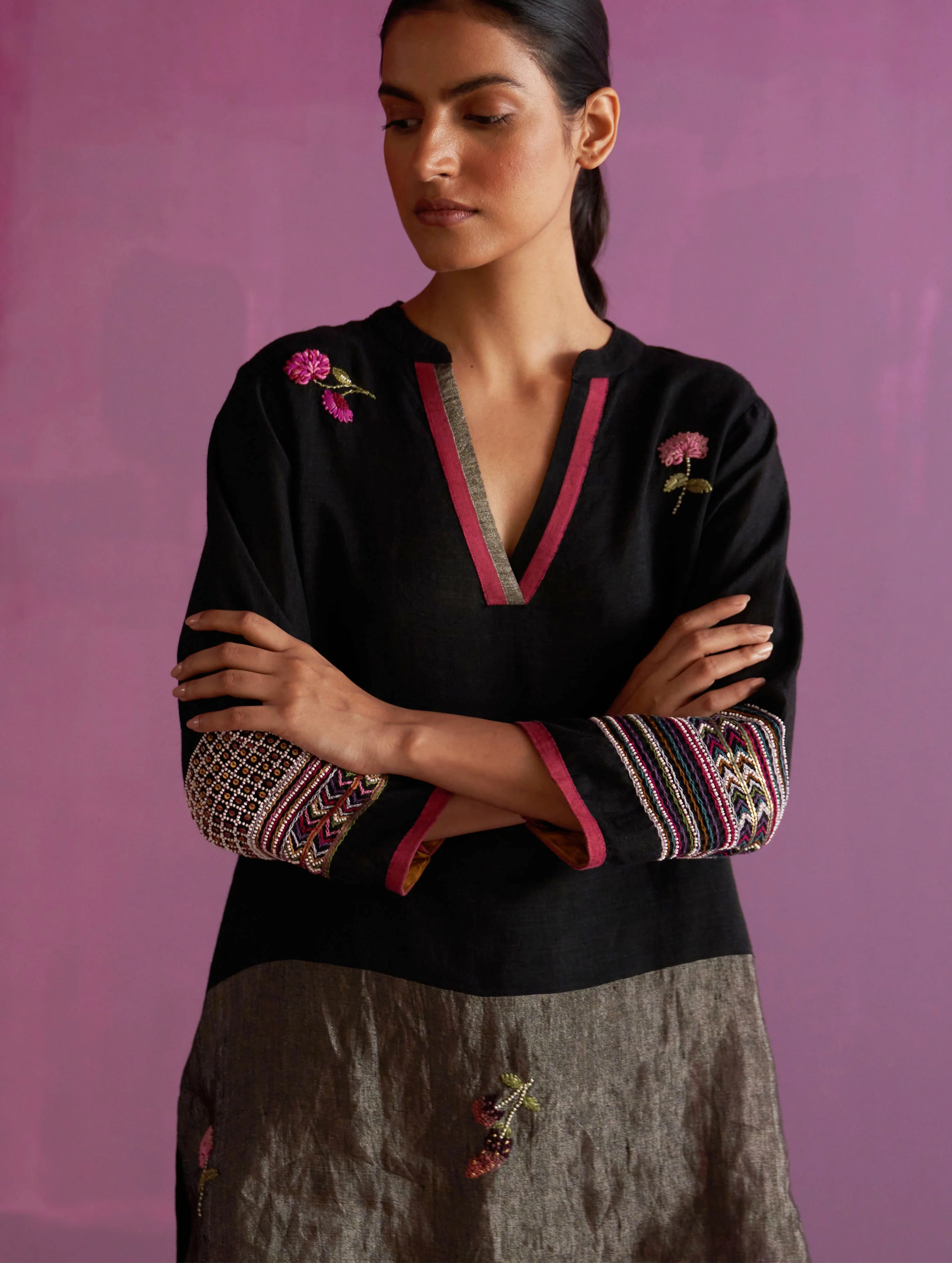 Cyra Hand-Embroidered Kurta Set - Black - Image 8