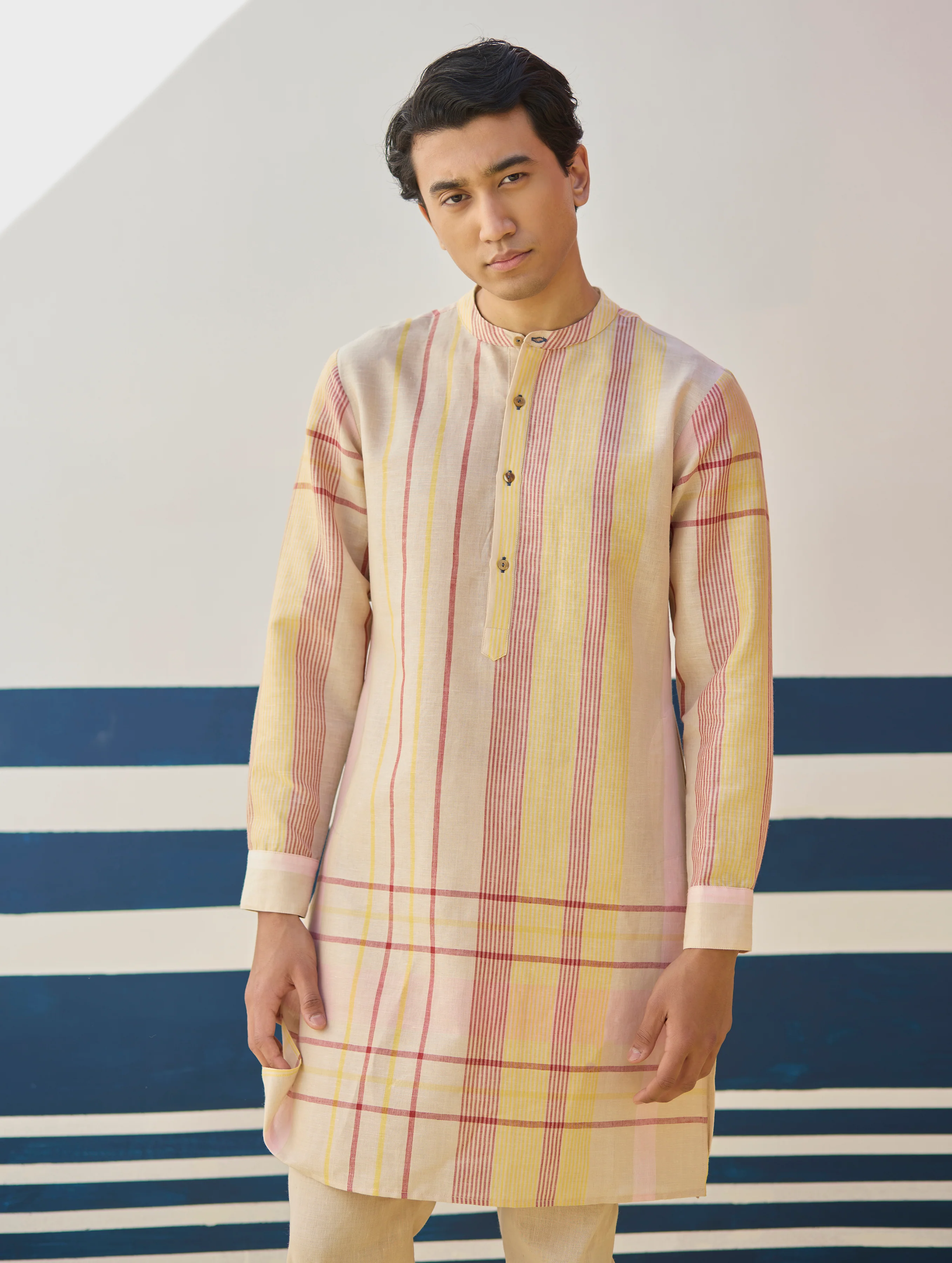 Dako Check Linen Kurta Set - Sand - Image 5