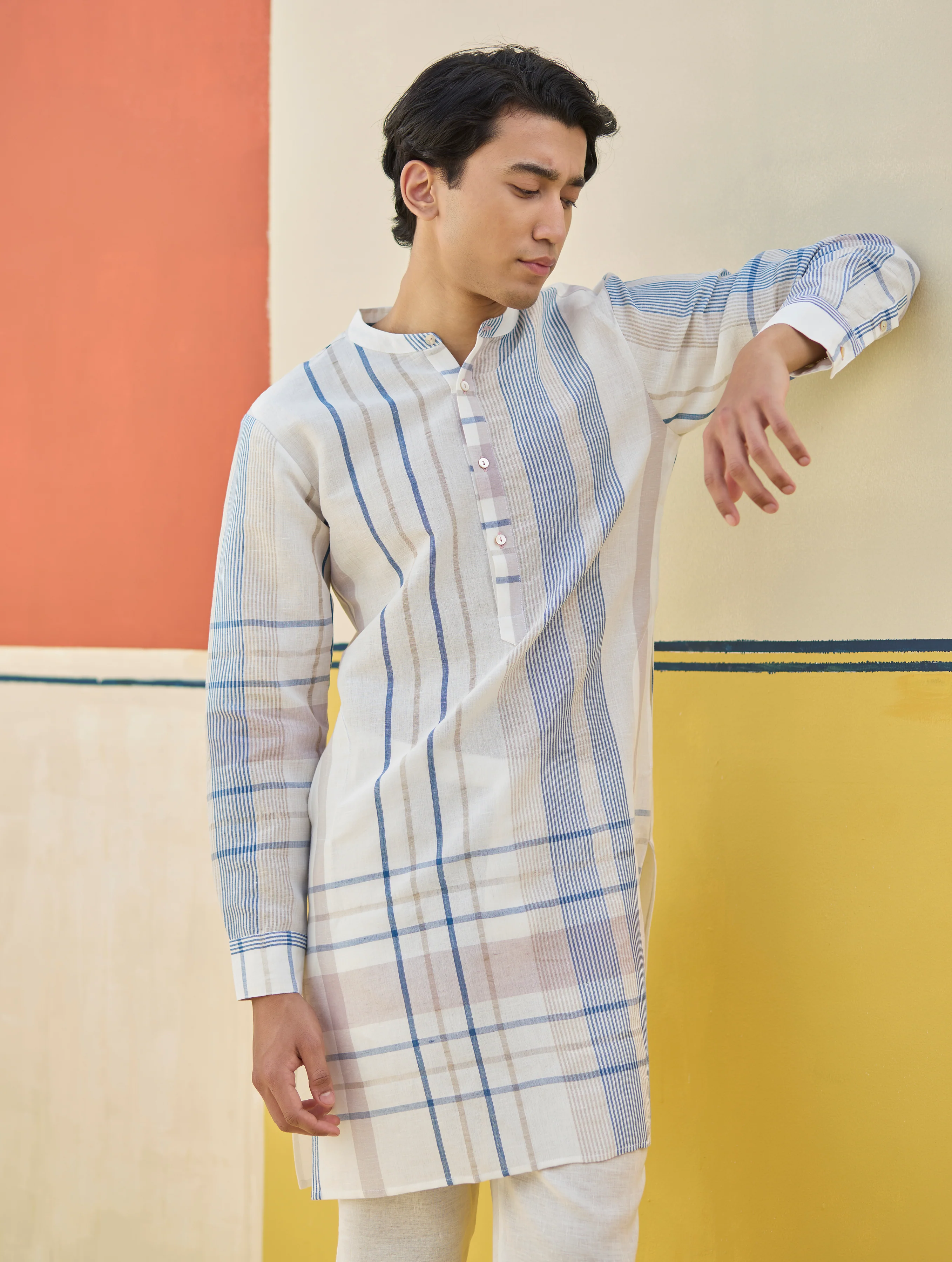 Dako Modern Check Linen Kurta - Ivory - Image 3