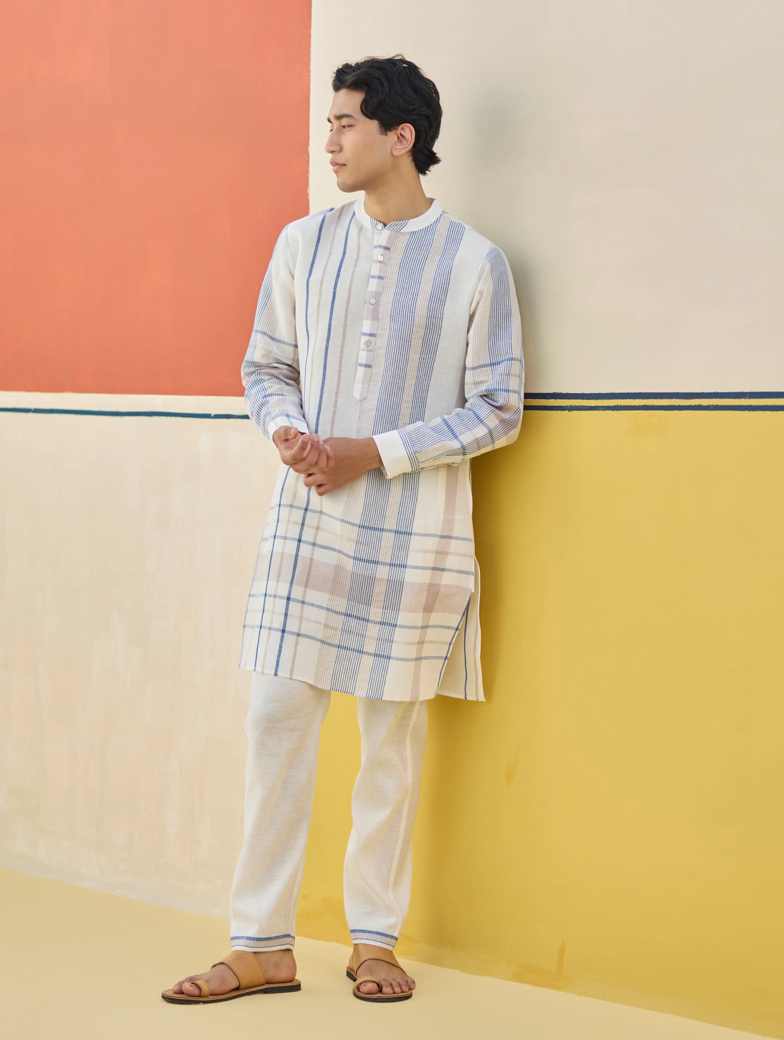 Dako Modern Check Linen Kurta - Ivory - Image 4