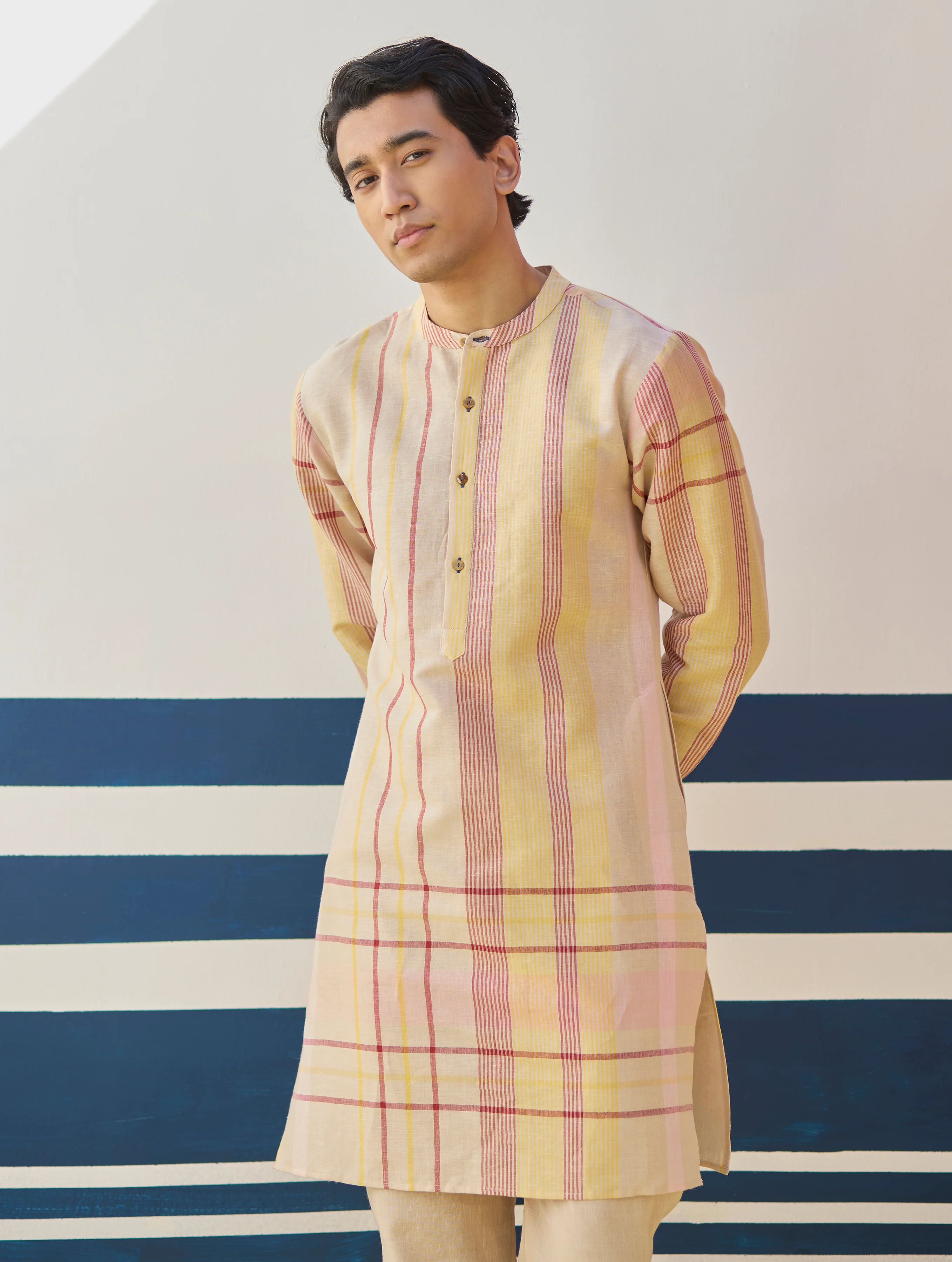 Dako Modern Check Linen Kurta - Sand - Image 4