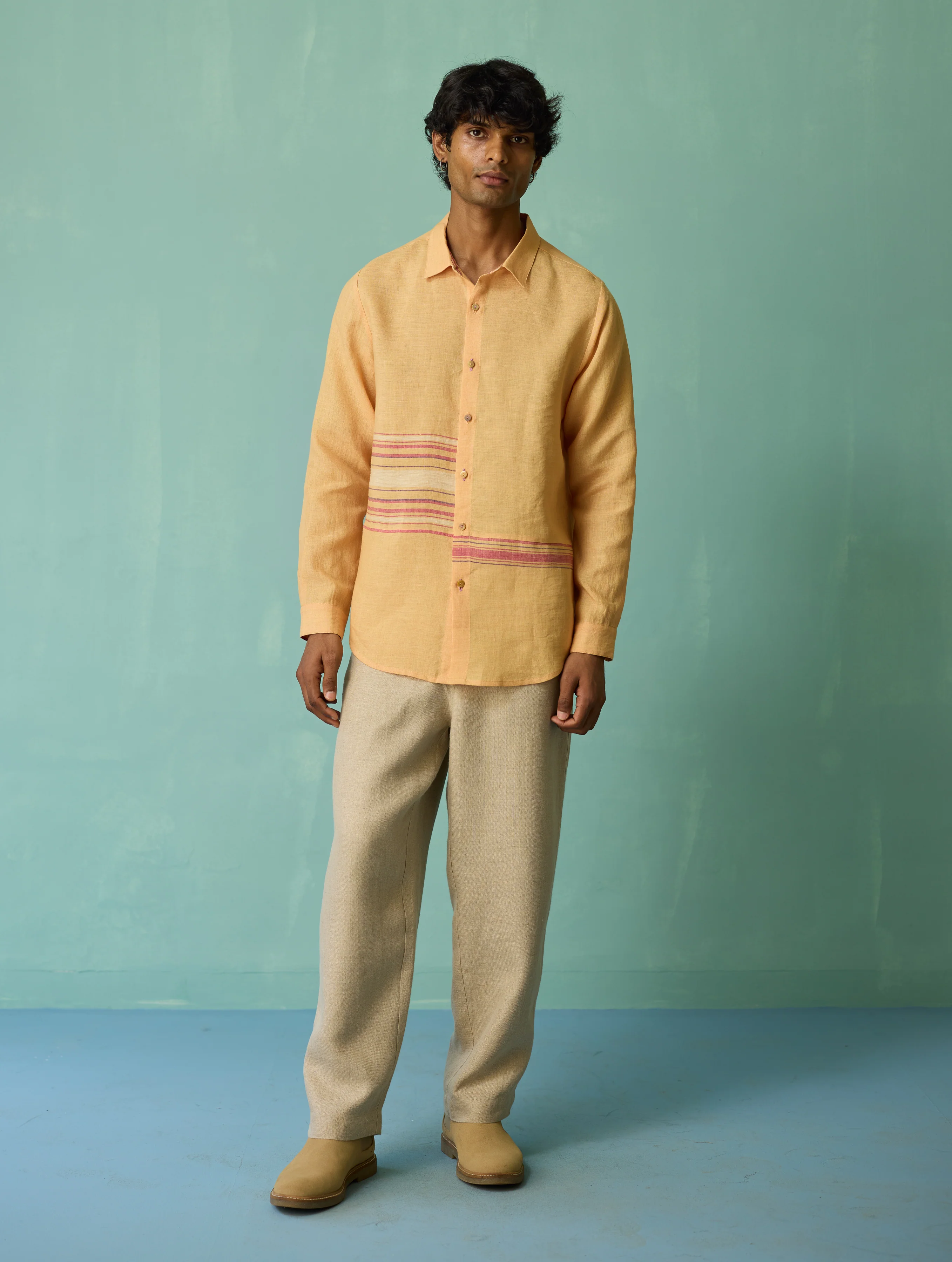 Daniel Border Stripe Linen Shirt - Apricot - Image 5