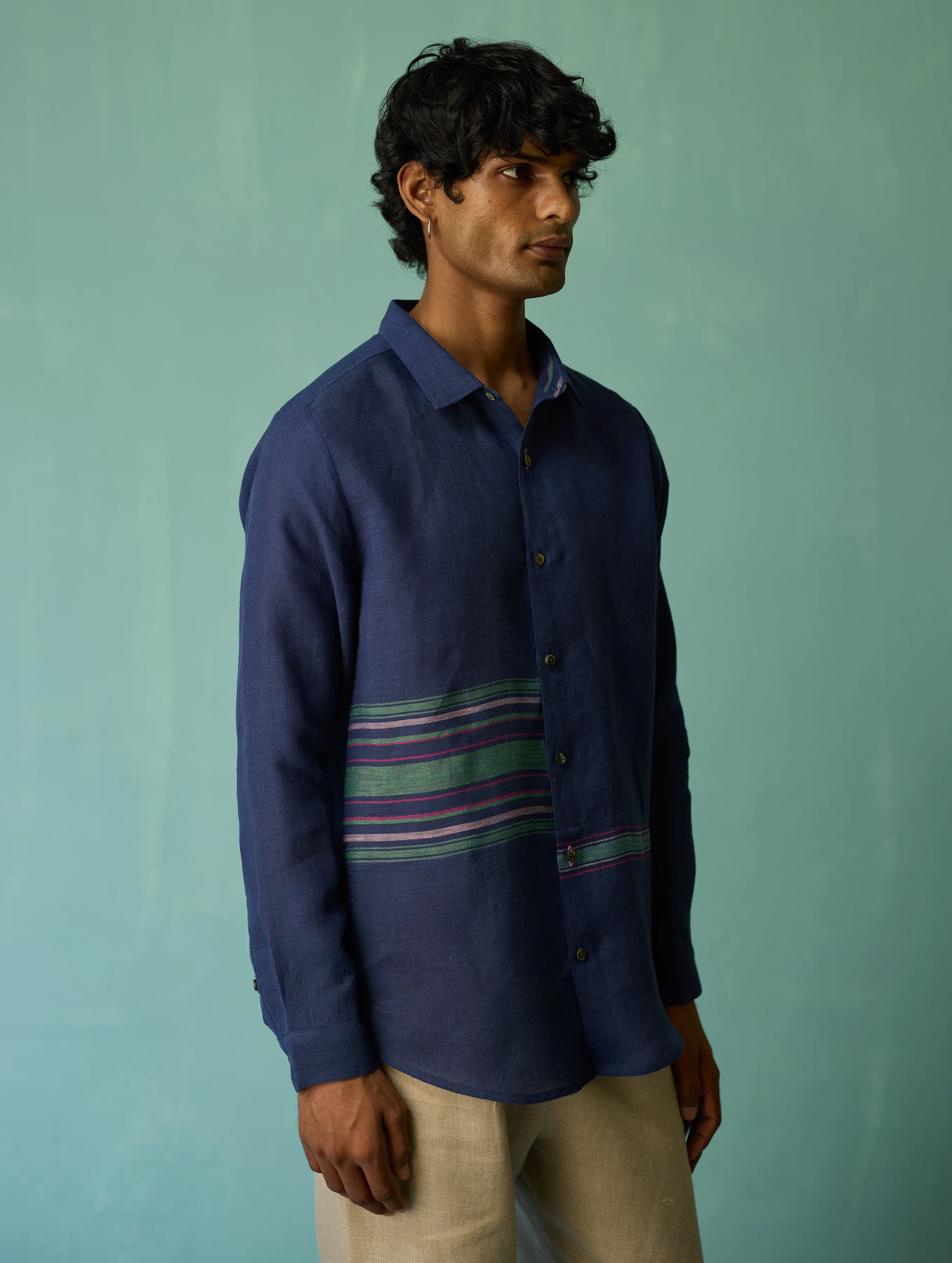 Daniel Border Stripe Linen Shirt - Indigo - Image 12