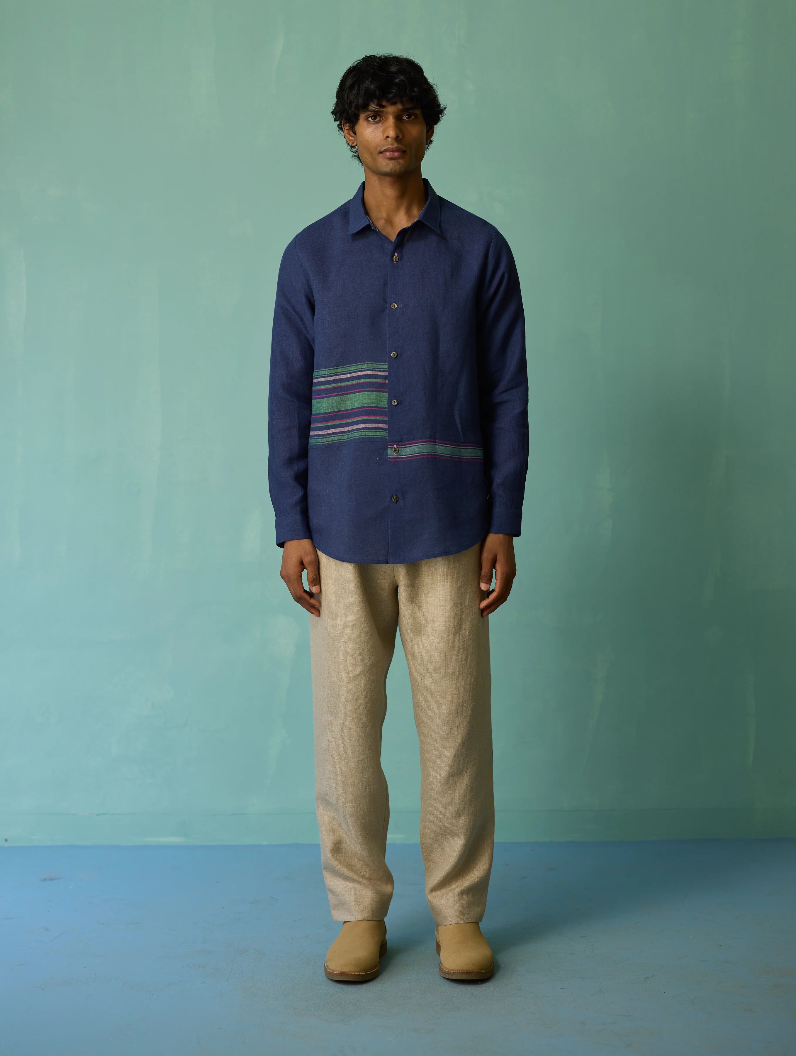 Daniel Border Stripe Linen Shirt - Indigo - Image 2