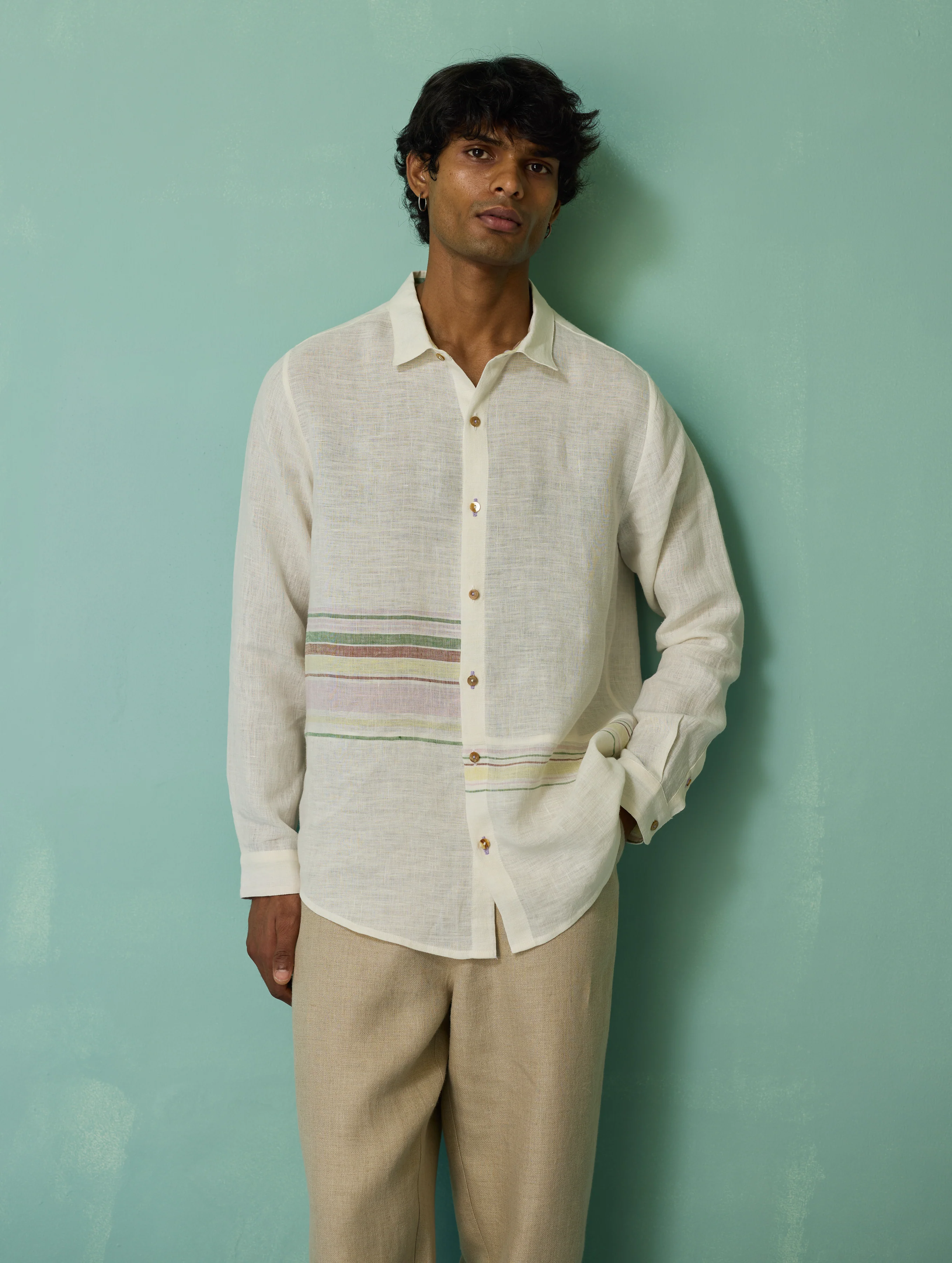 Daniel Border Stripe Linen Shirt - Ivory