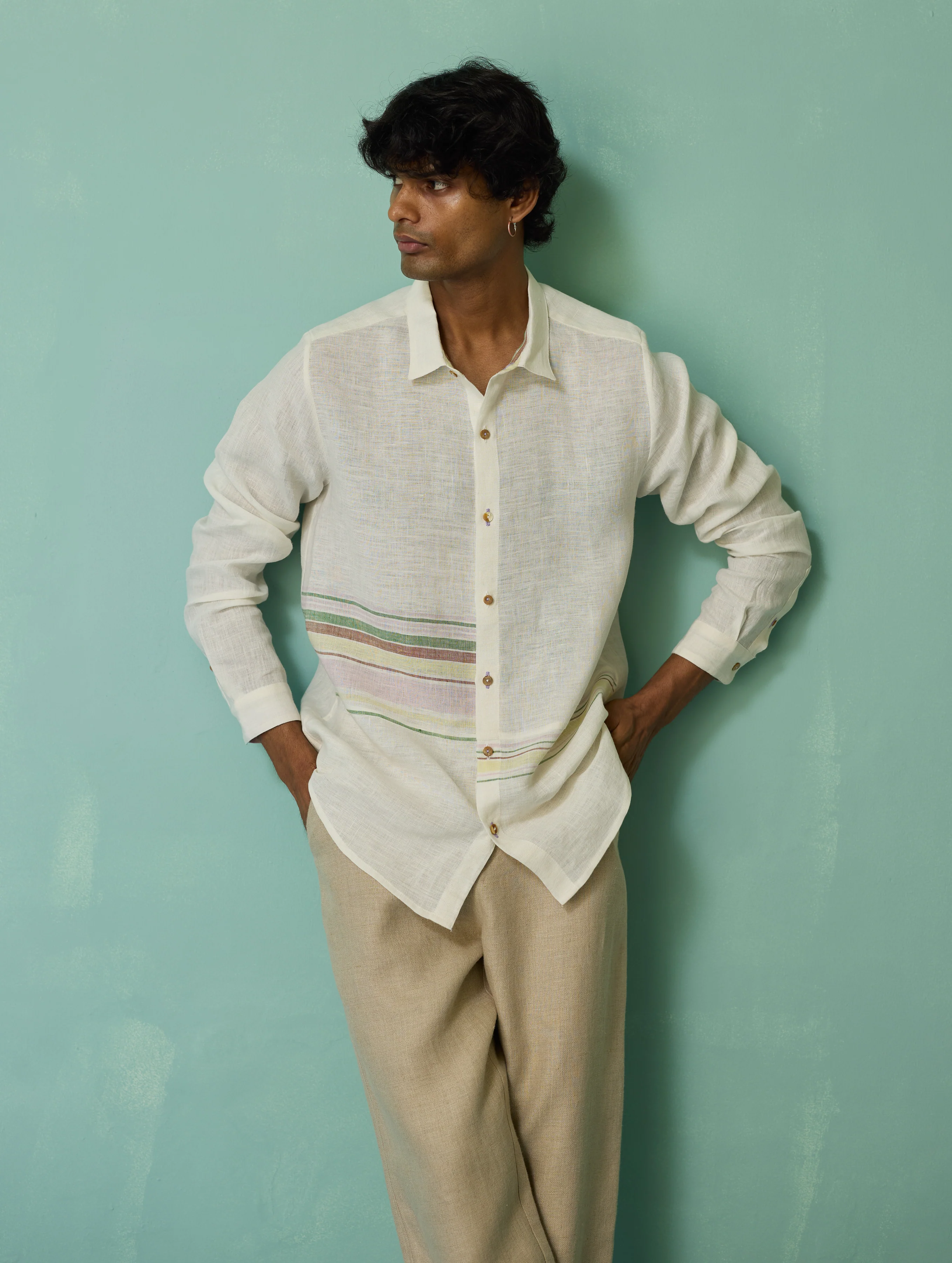 Daniel Border Stripe Linen Shirt - Ivory - Image 6