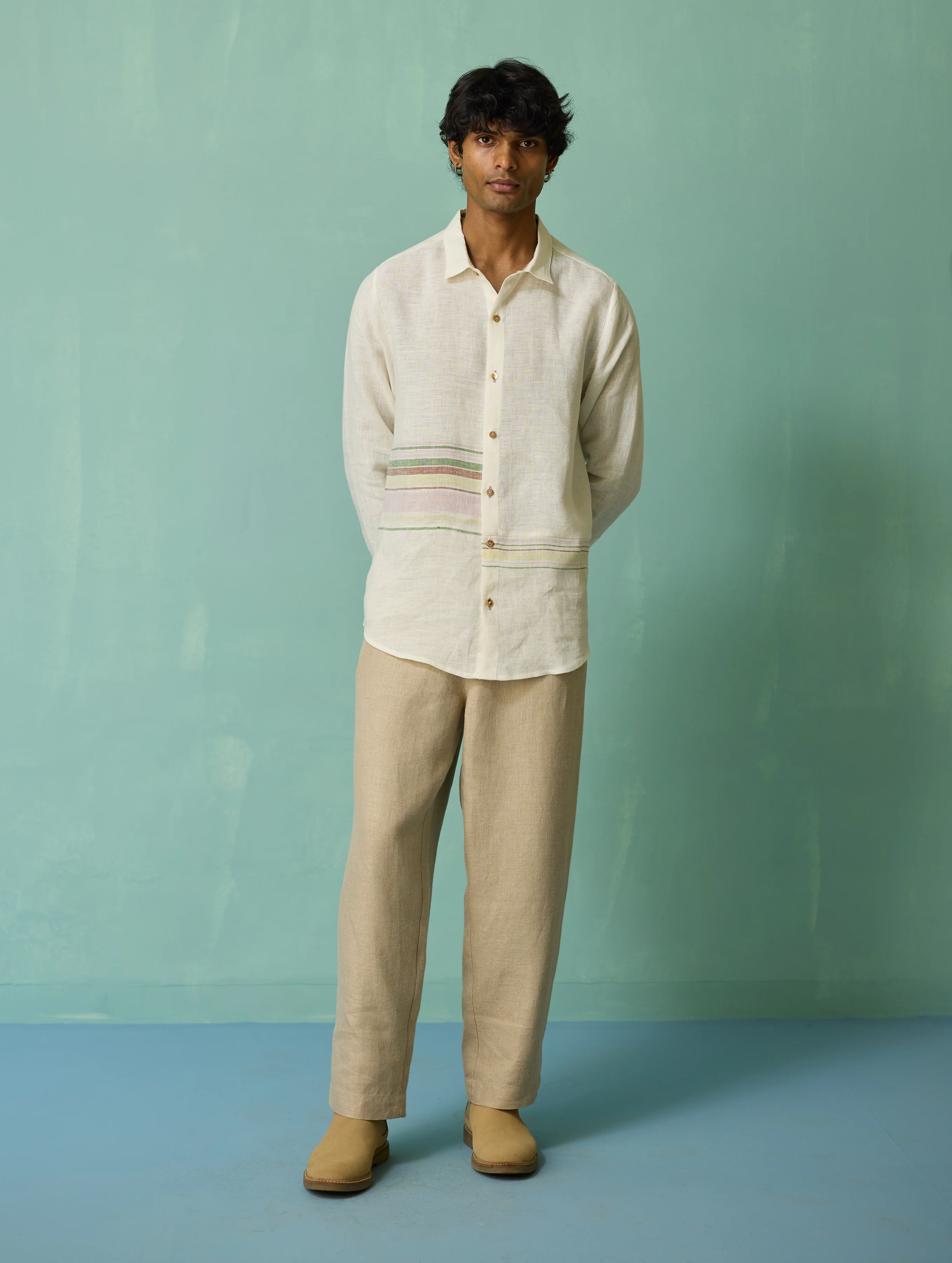 Daniel Border Stripe Linen Shirt - Ivory - Image 7
