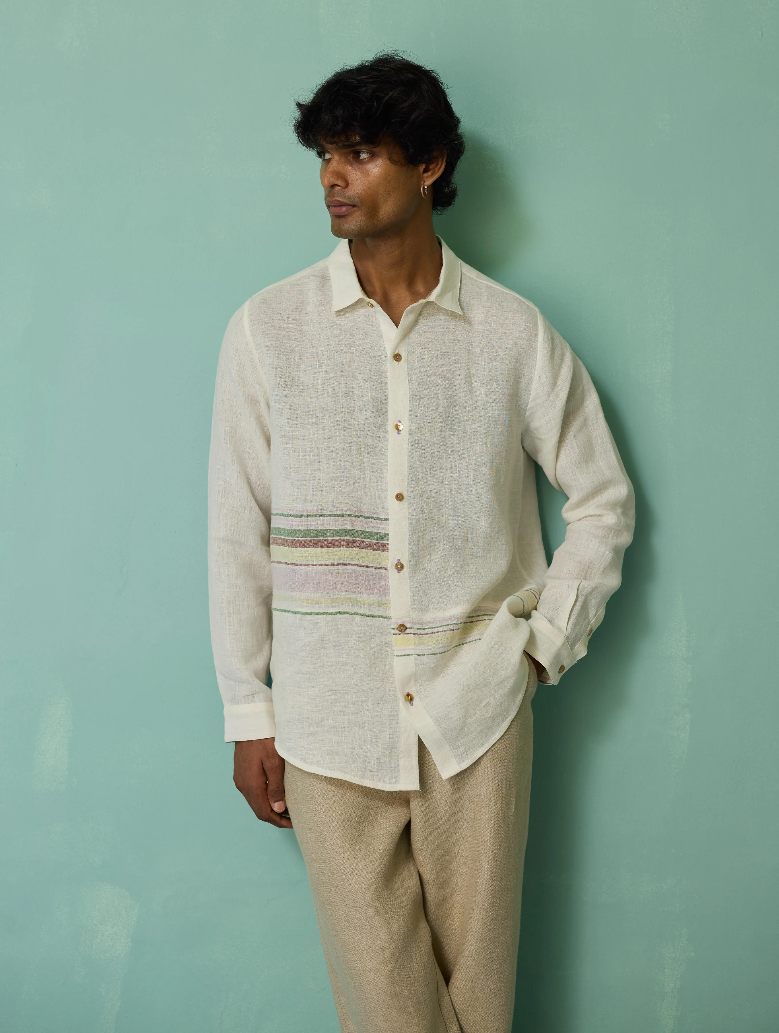 Daniel Border Stripe Linen Shirt - Ivory - Image 8