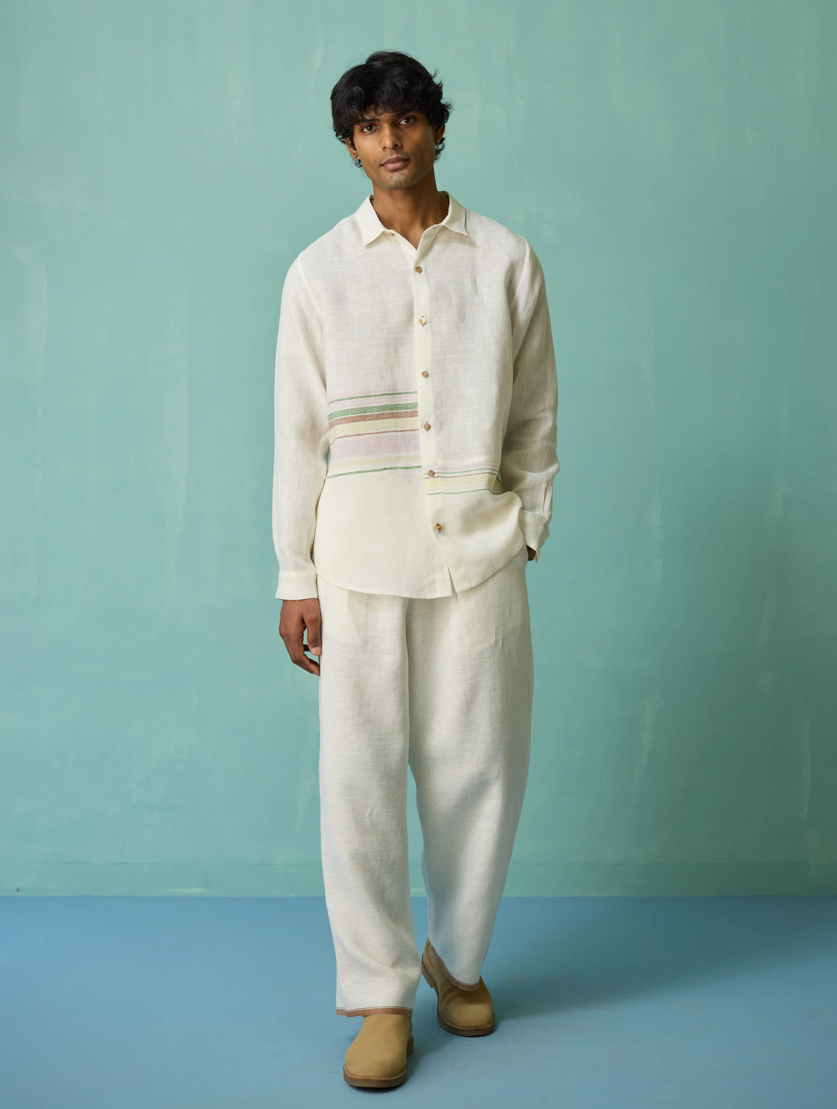 Daniel Border Stripe Linen Shirt - Ivory - Image 9