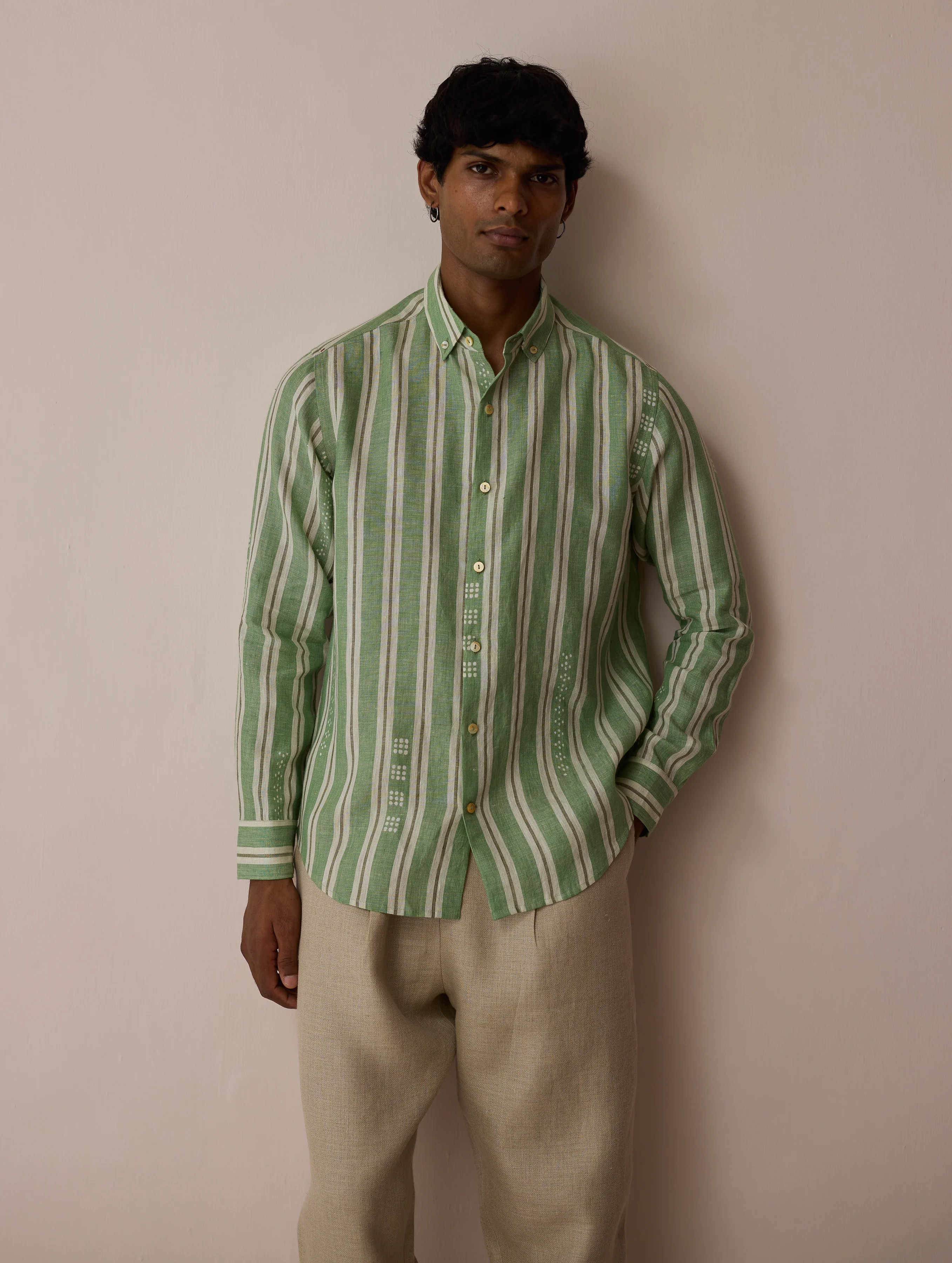 Darra Classic Collar Stripe Linen Shirt - Fern - Image 6