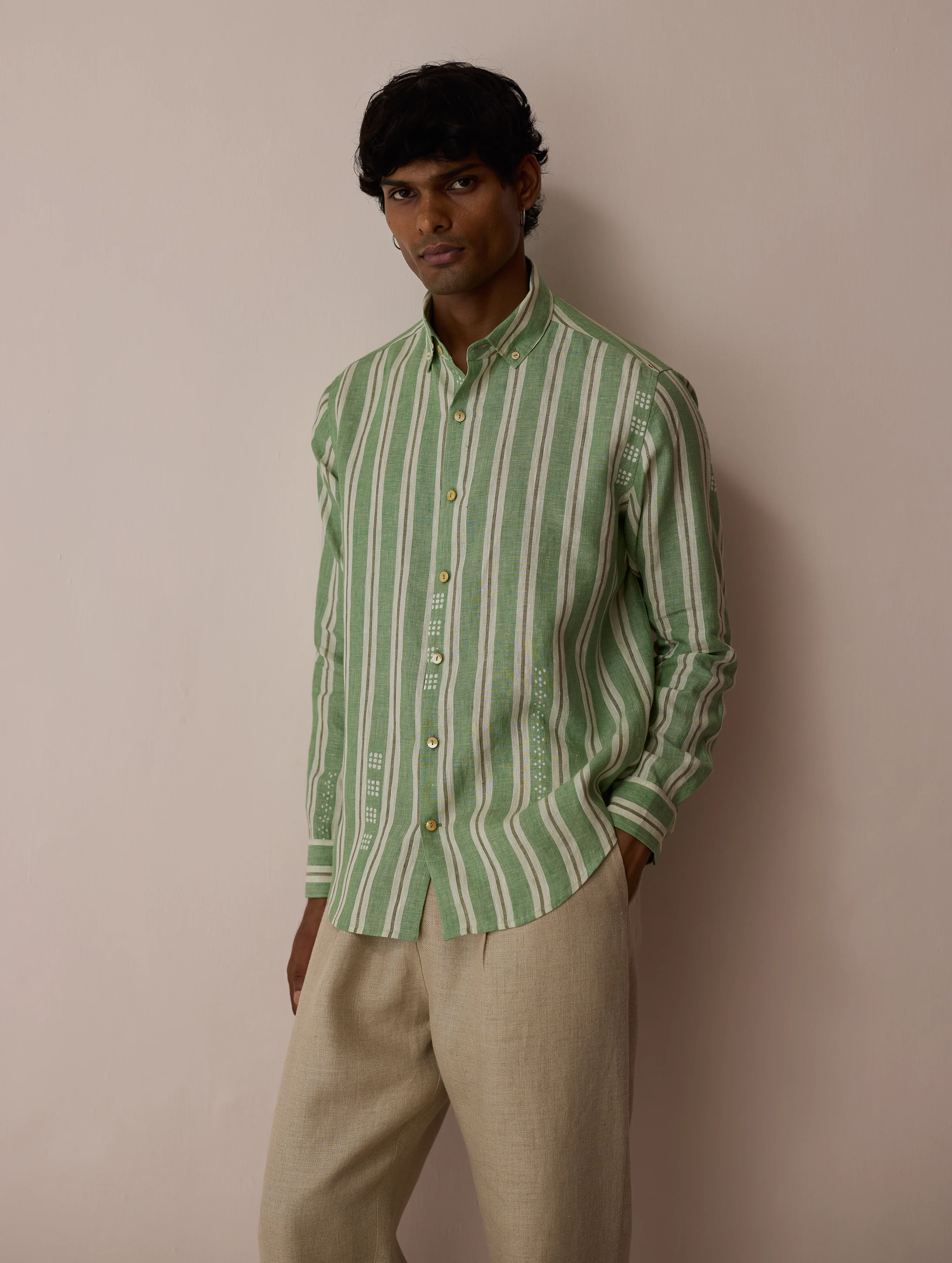 Darra Classic Collar Stripe Linen Shirt - Fern - Image 7