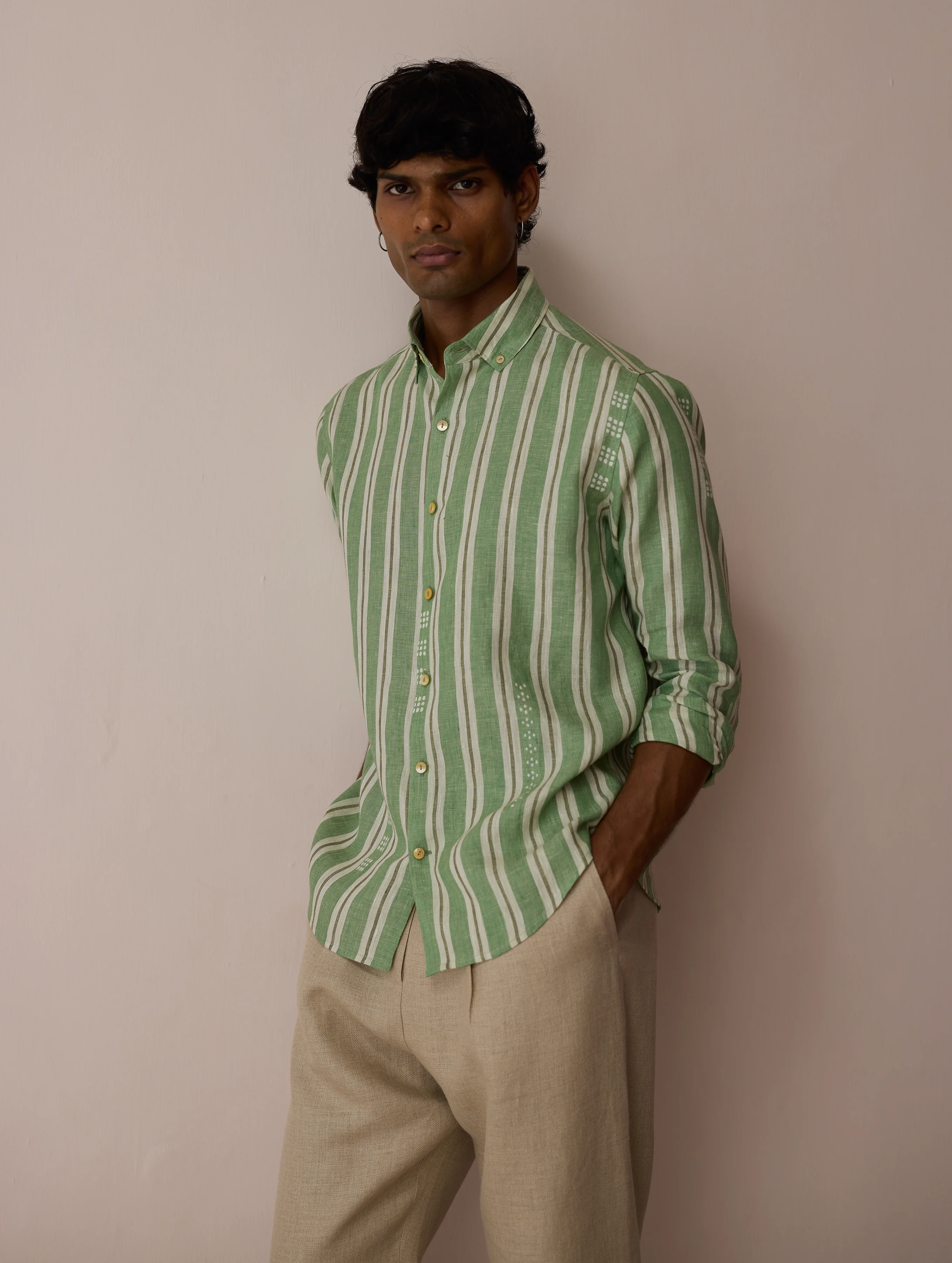 Darra Classic Collar Stripe Linen Shirt - Fern - Image 8