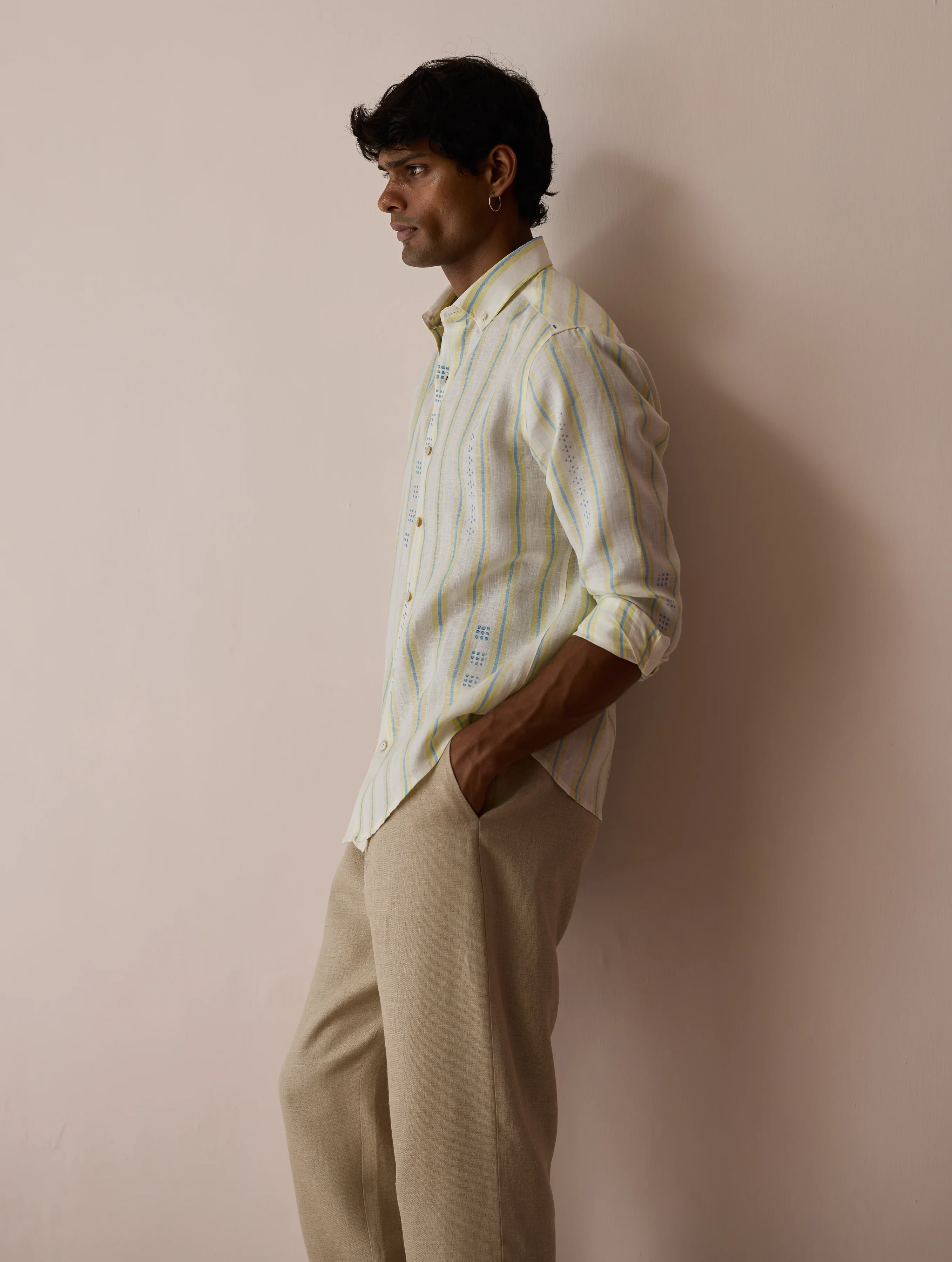 Darra Classic Collar Stripe Linen Shirt - Ivory - Image 6