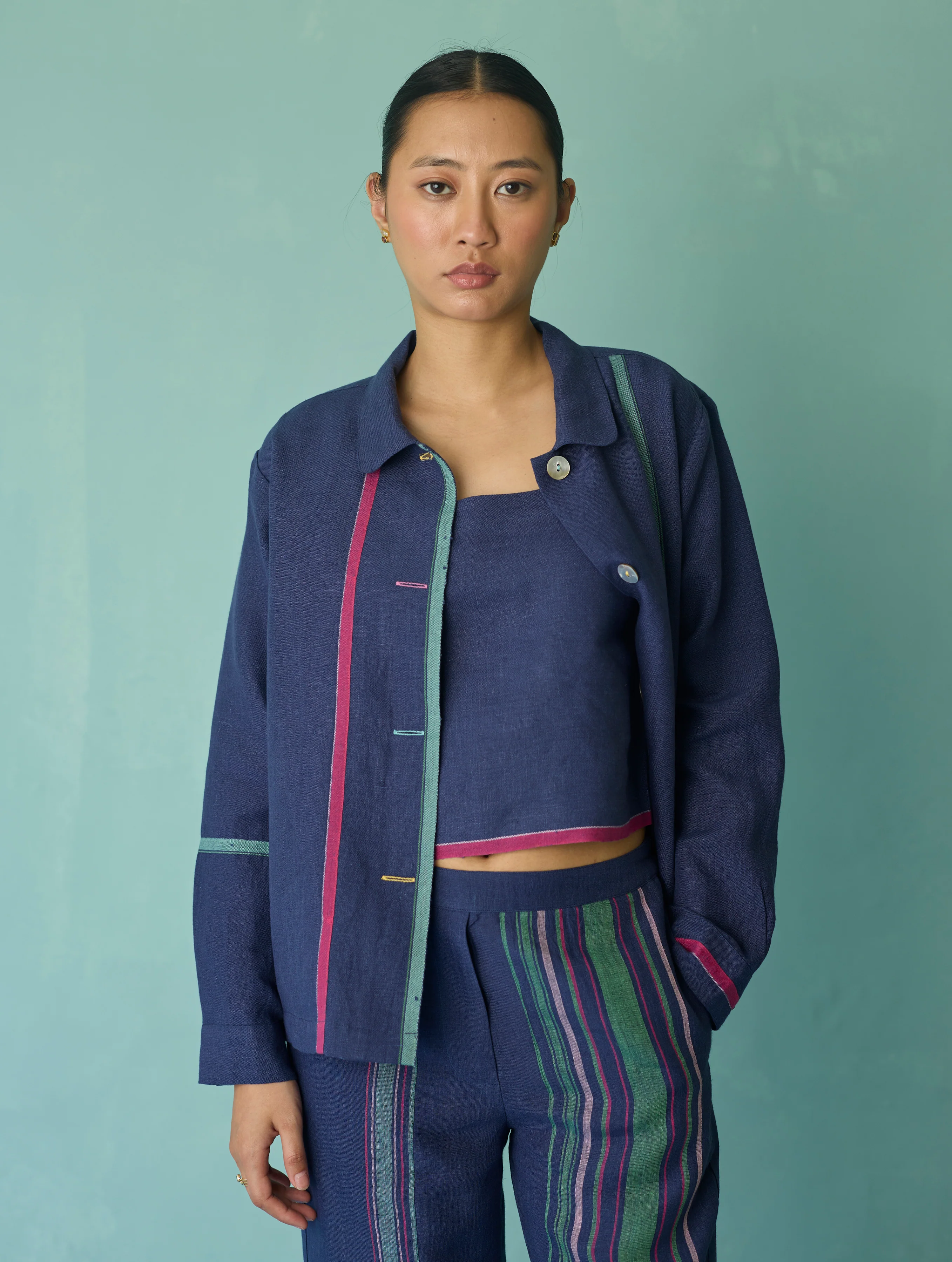 Della Border Linen Jacket - Indigo - Image 11