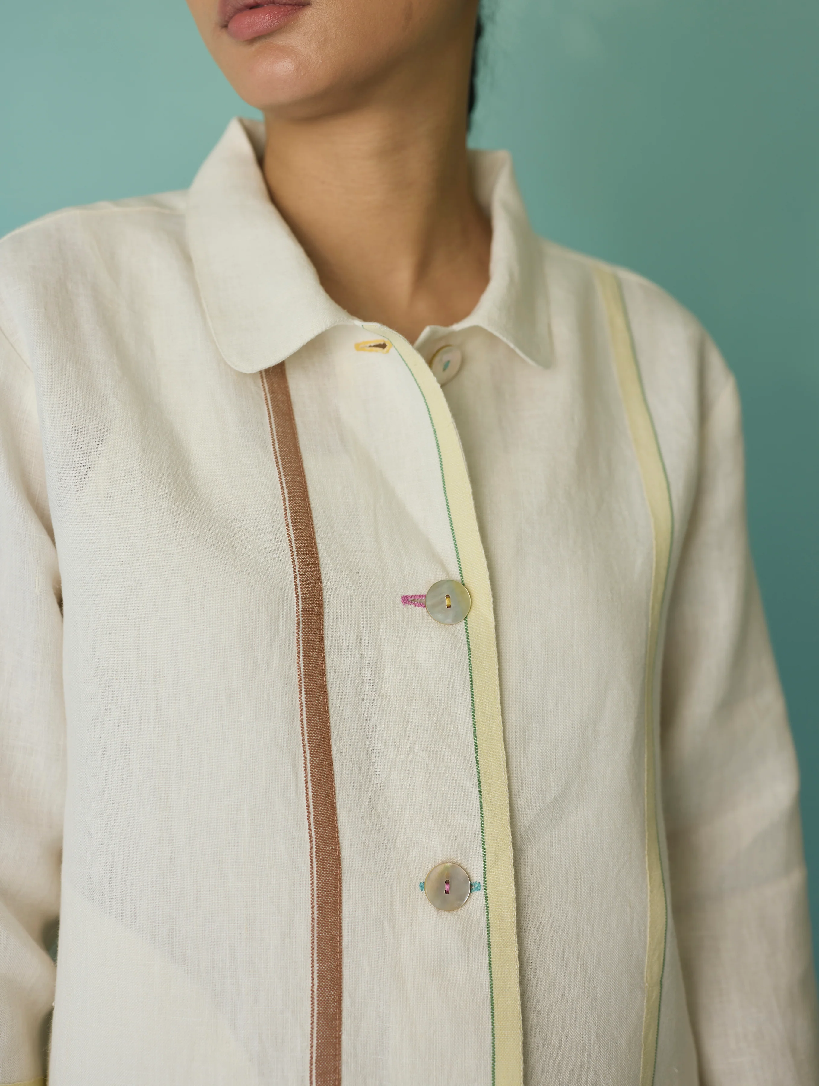Della Border Linen Jacket - Ivory - Image 3