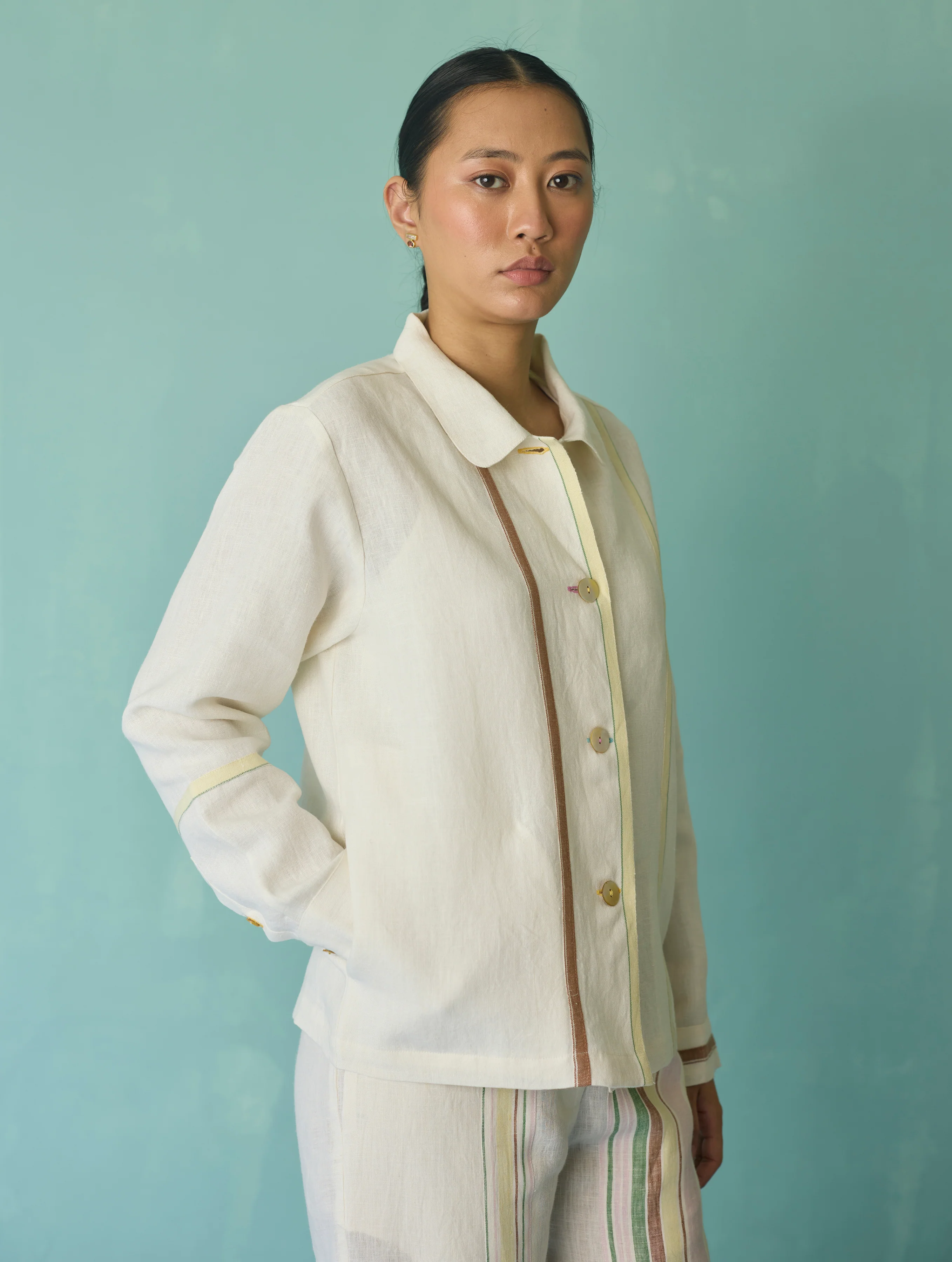 Della Border Linen Jacket - Ivory - Image 9