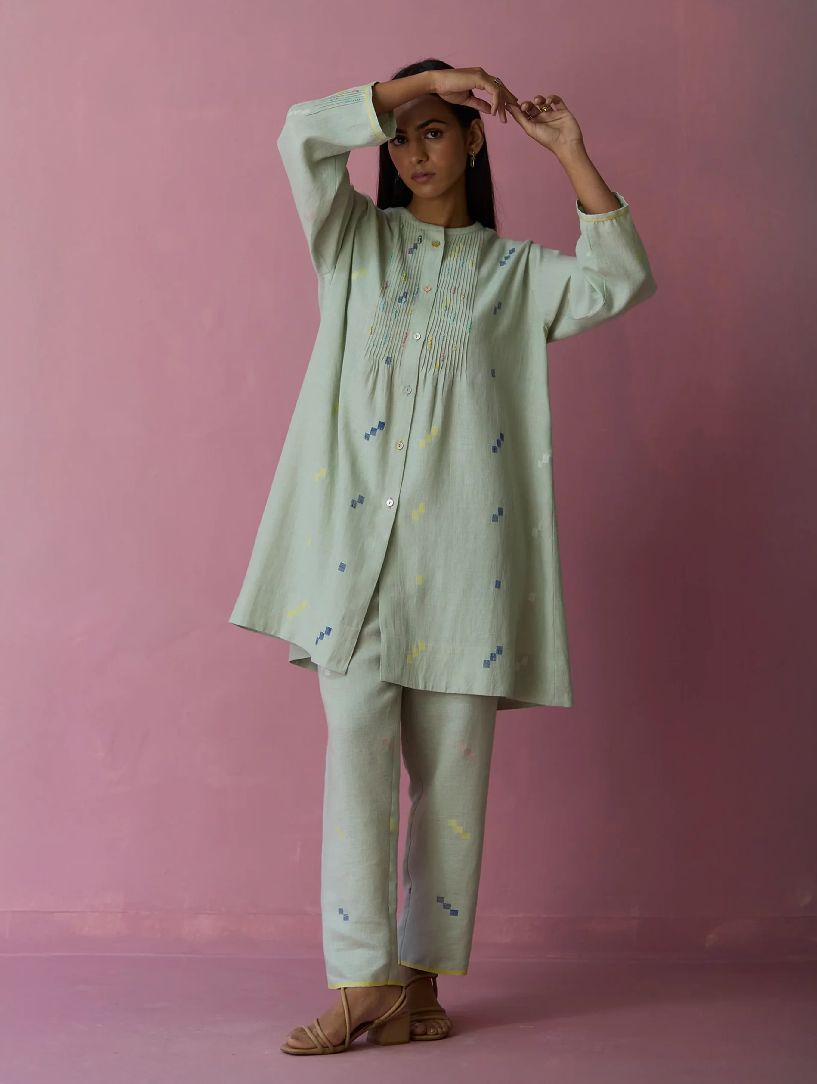 Dima Jamdani Linen Pintuck Co-ord Set - Aqua