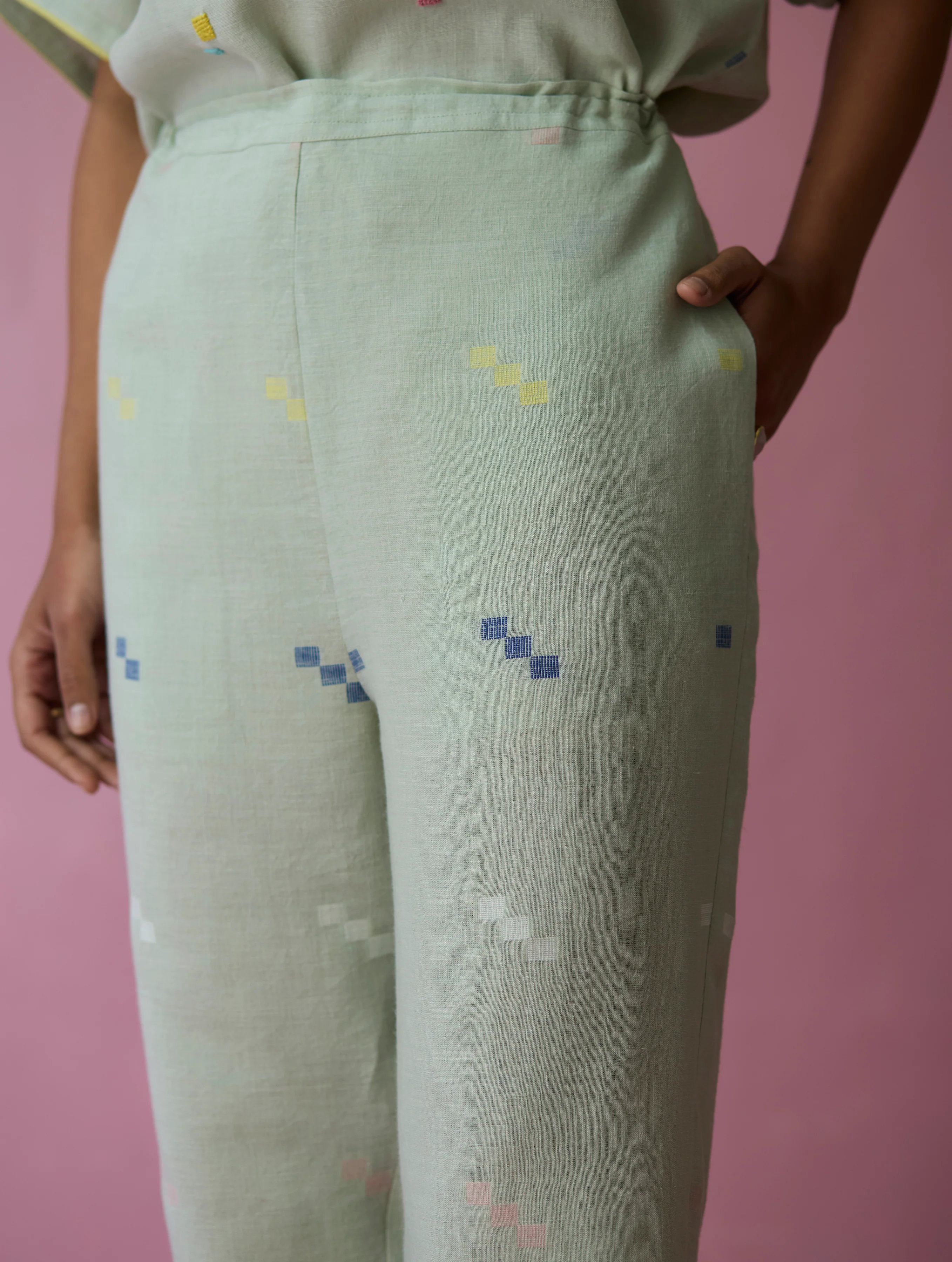 Dima Jamdani Linen Pintuck Co-ord Set - Aqua - Image 11