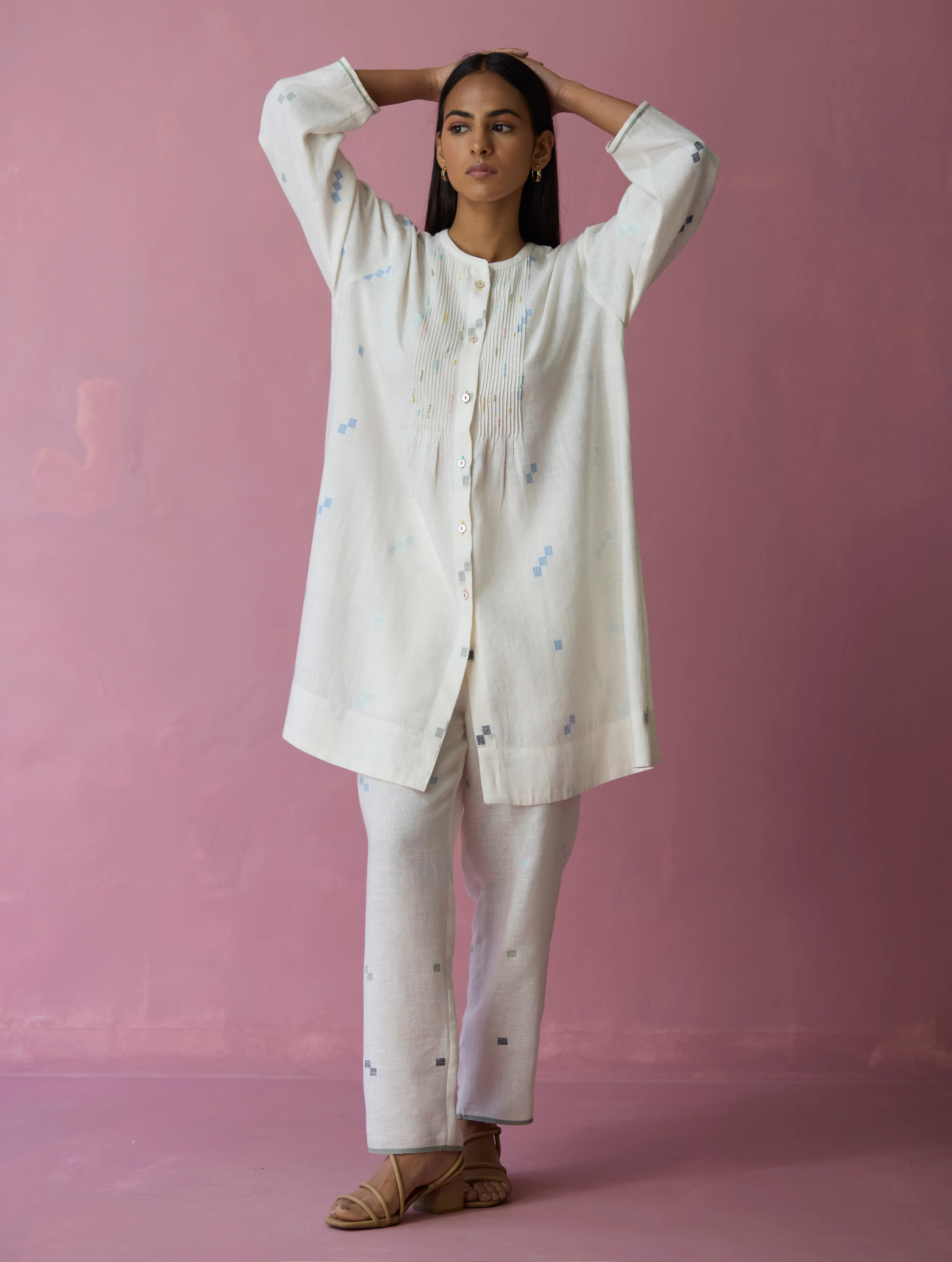 Dima Jamdani Linen Pintuck Co-ord Set - Ivory - Image 5