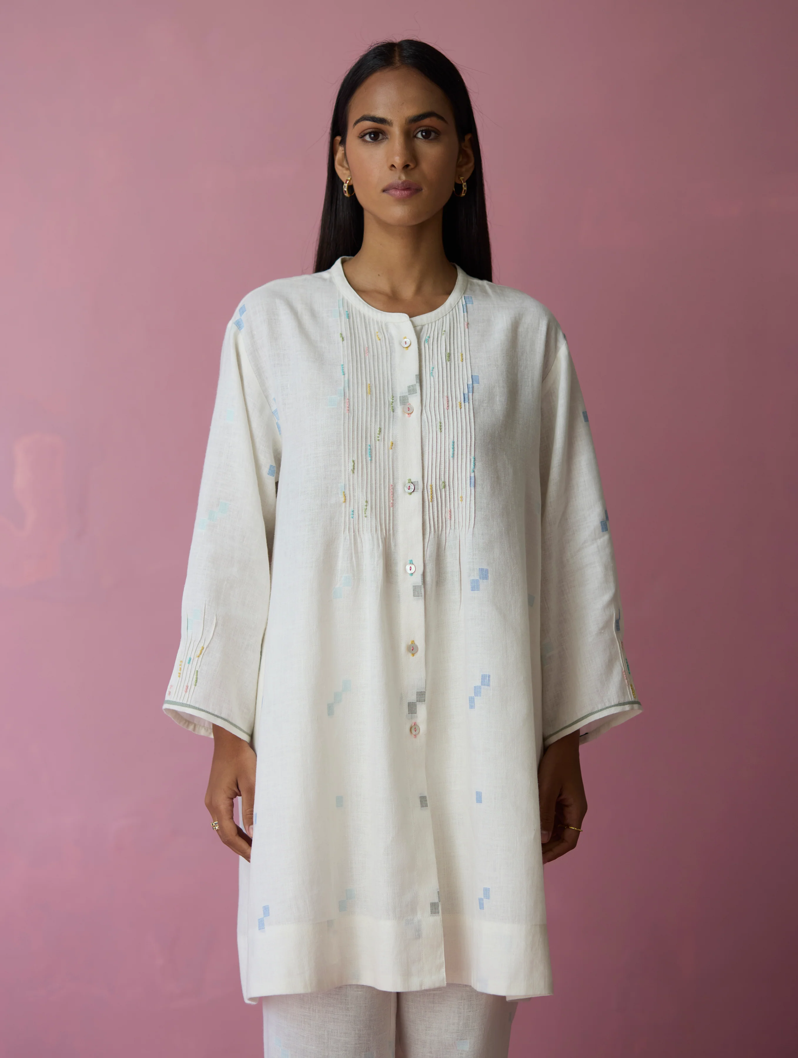 Dima Jamdani Linen Pintuck Co-ord Set - Ivory - Image 8