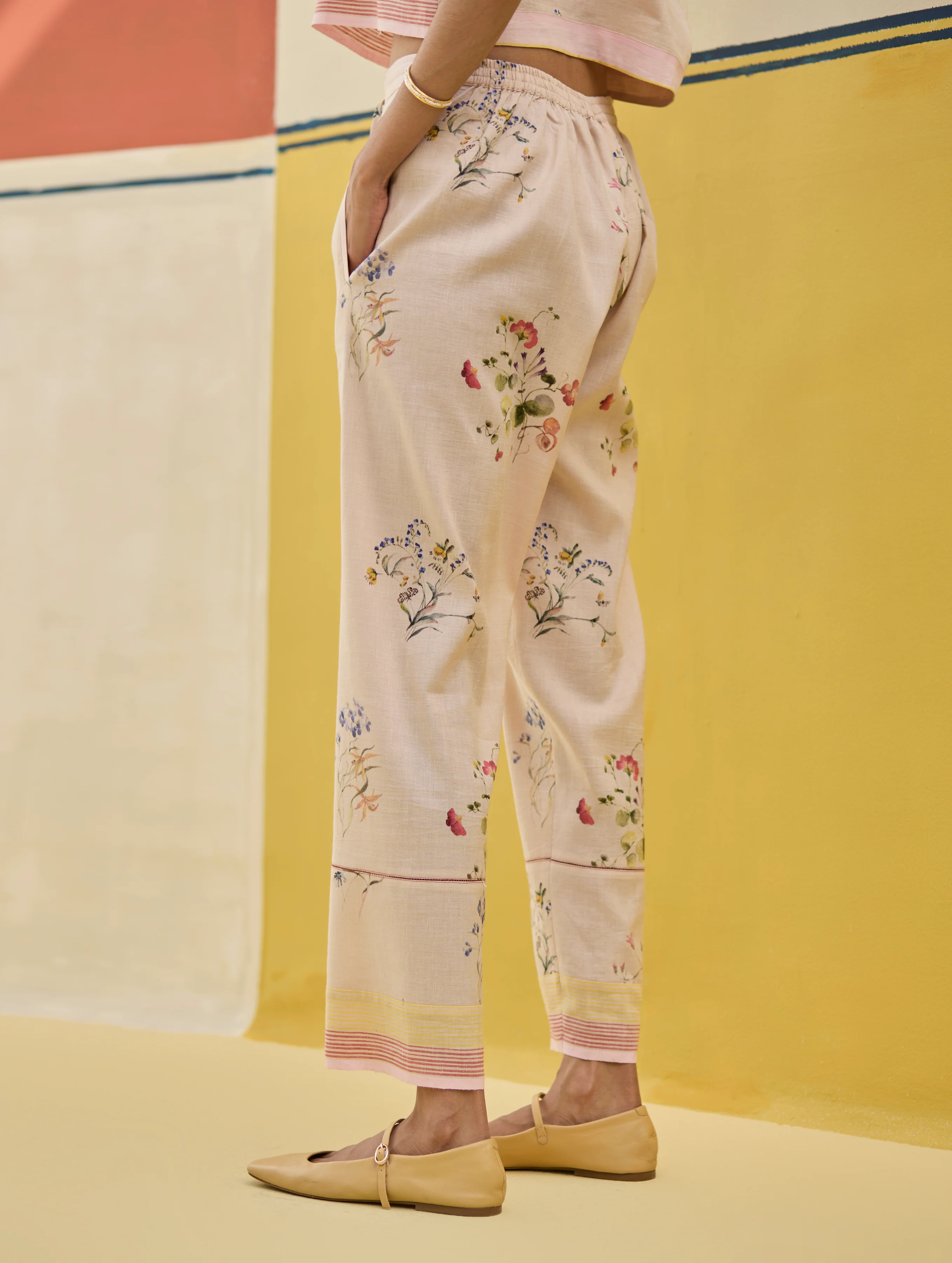 Ema Watercolour Floral Linen Pant - Sand - Image 3