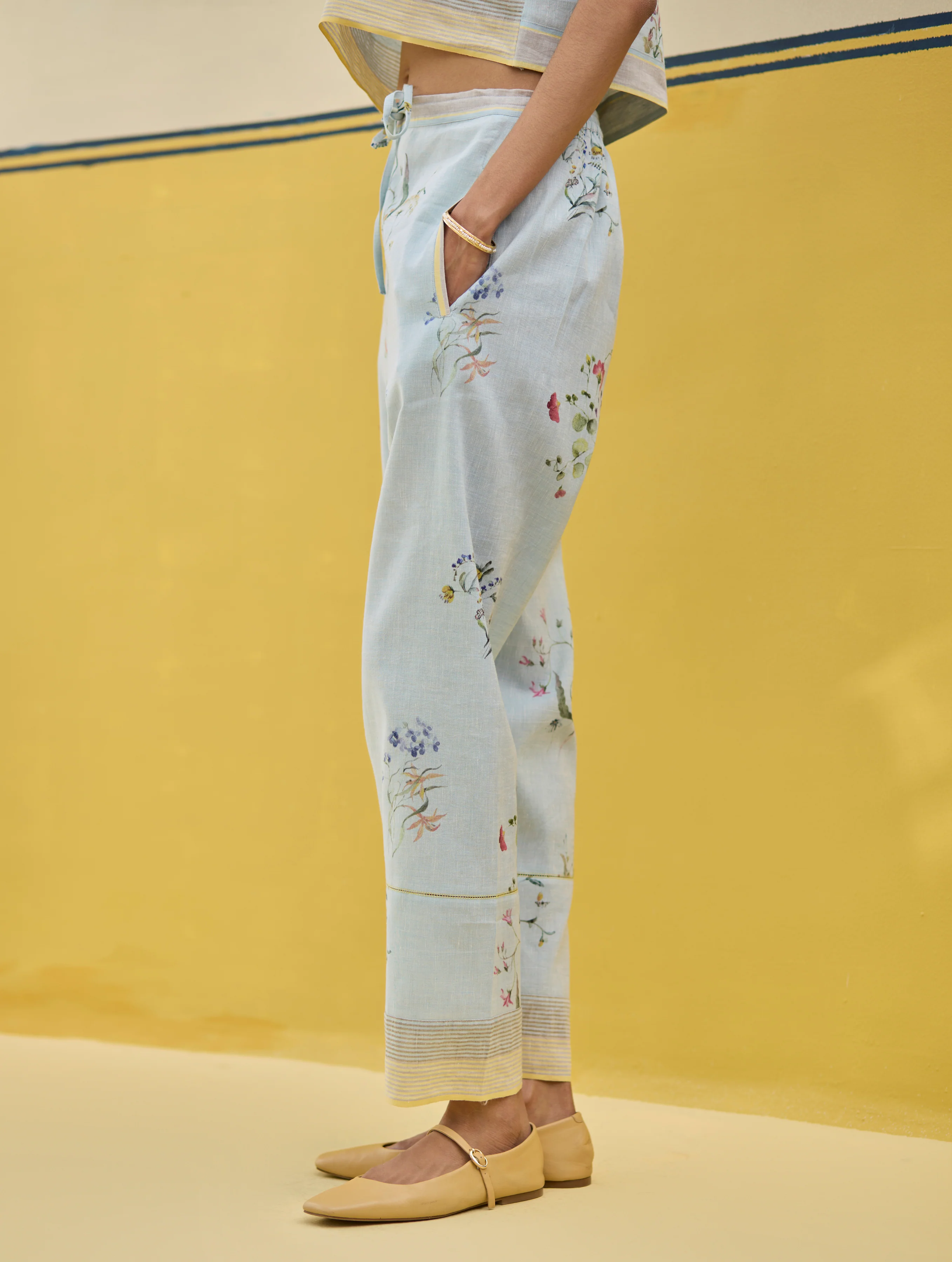 Ema Watercolour Floral Linen Pant - Sky - Image 3