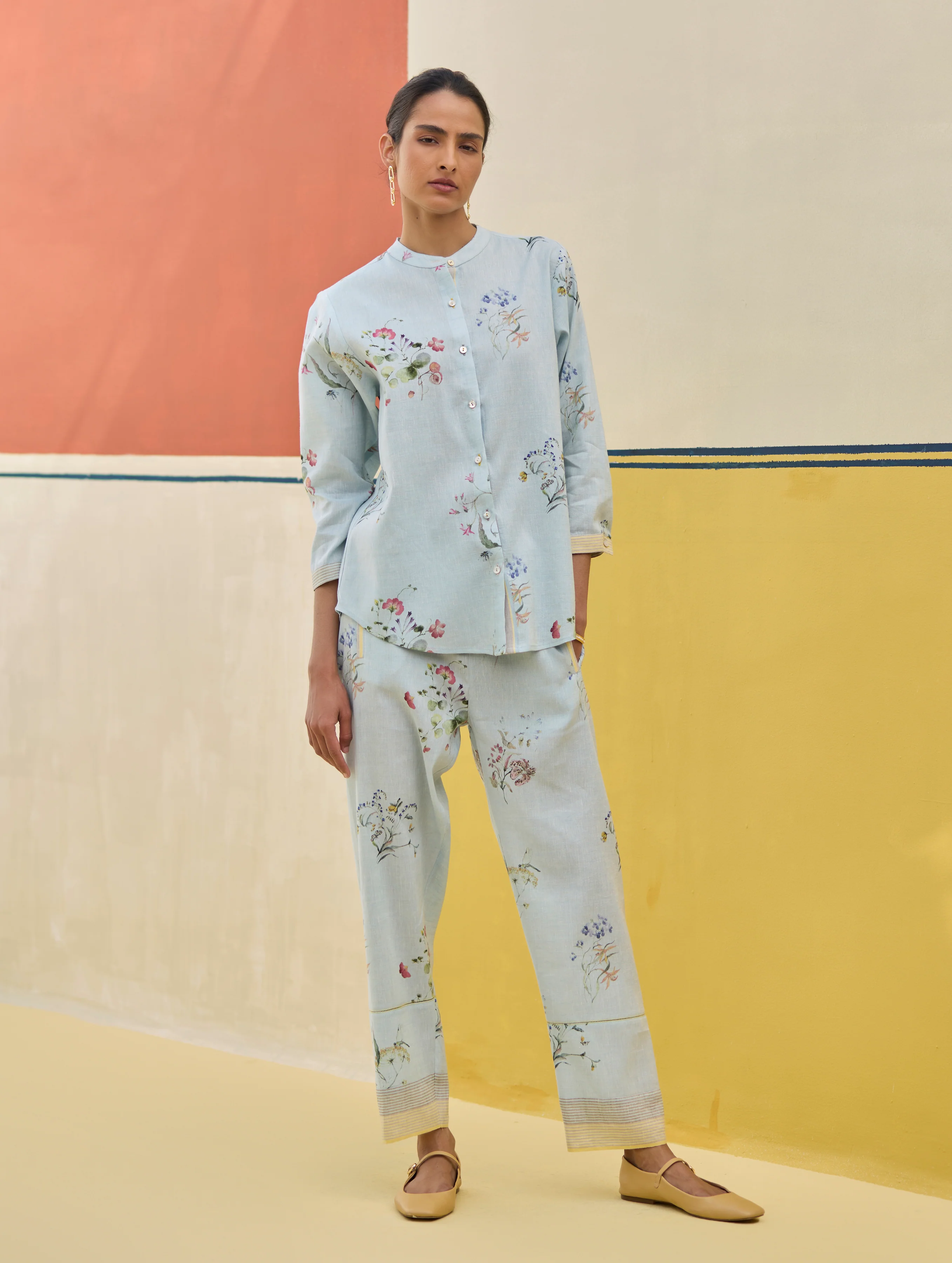 Ema Watercolour Floral Linen Pant - Sky - Image 5