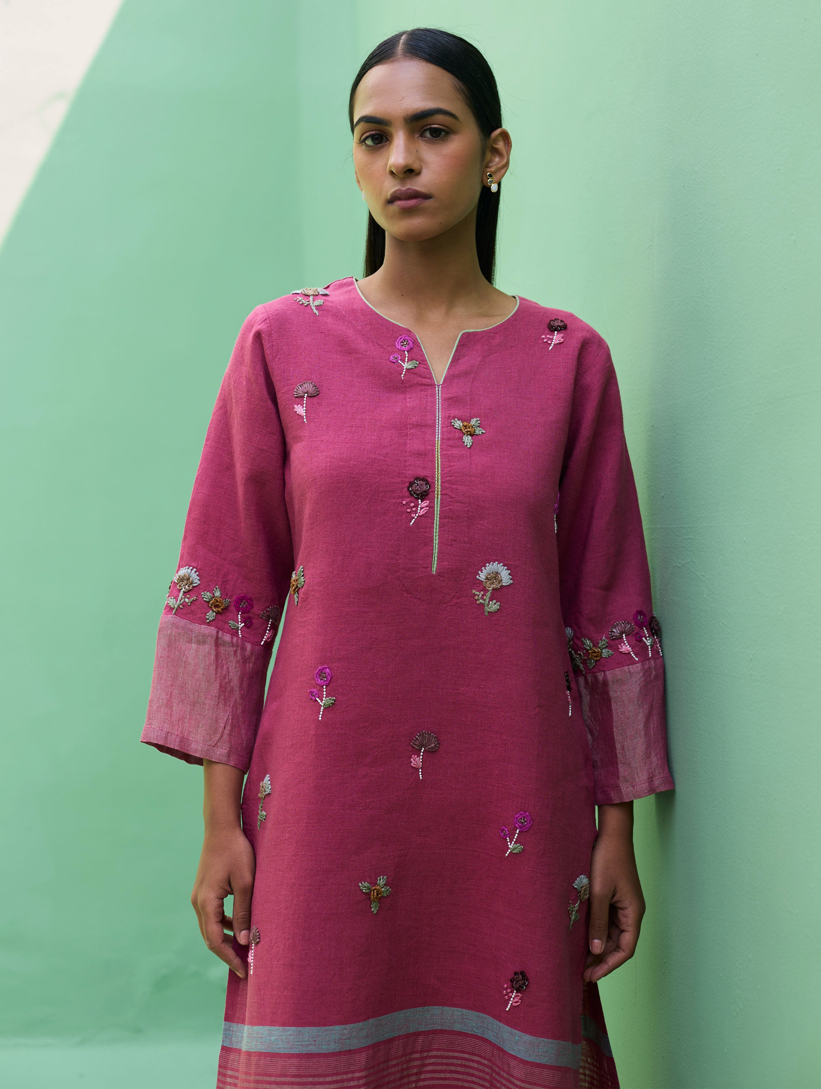 Emile Hand-Embroidered Metallic Linen Kurta - Crimson - Image 2