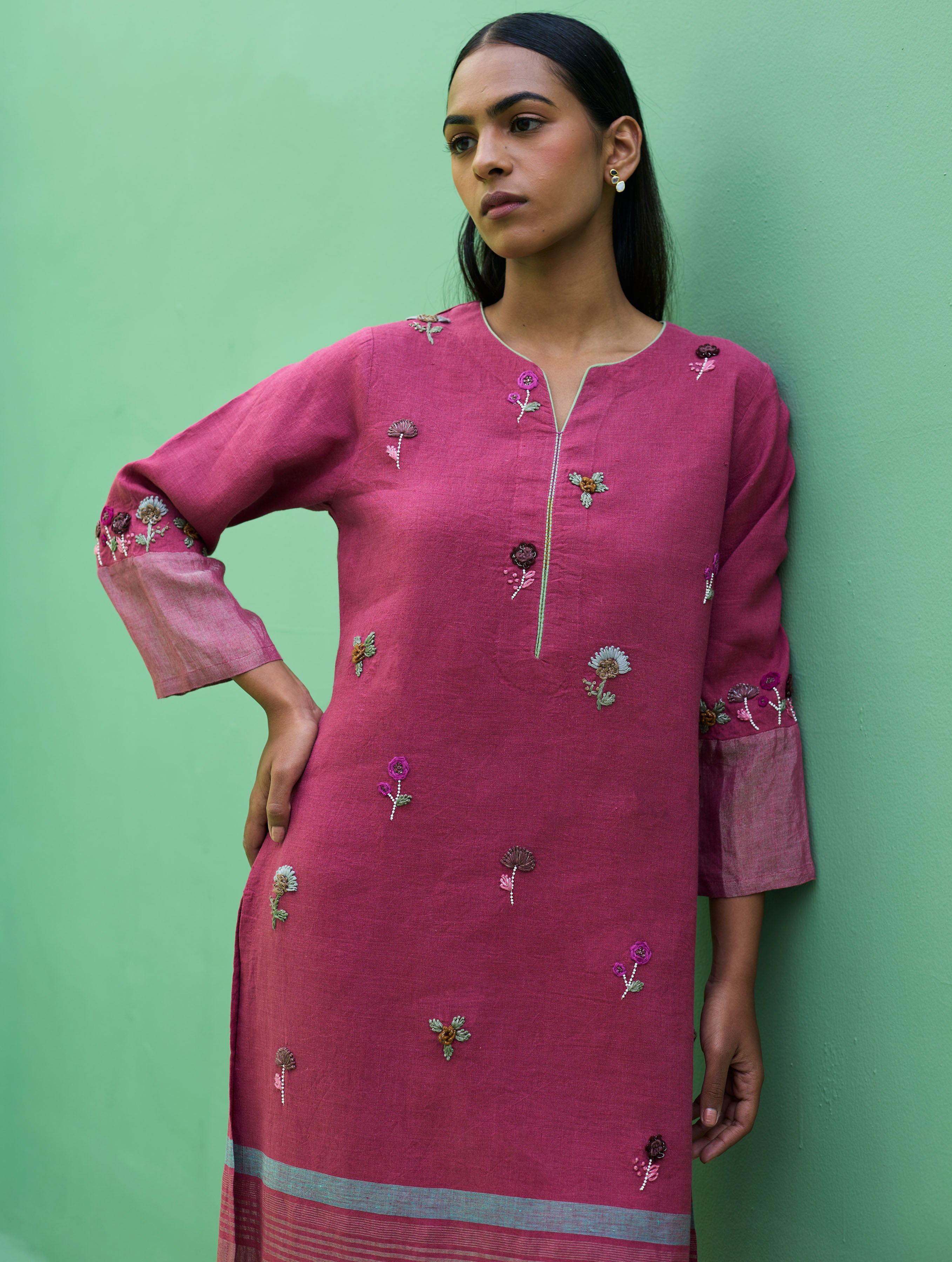 Emile Hand-Embroidered Metallic Linen Kurta - Crimson - Image 5