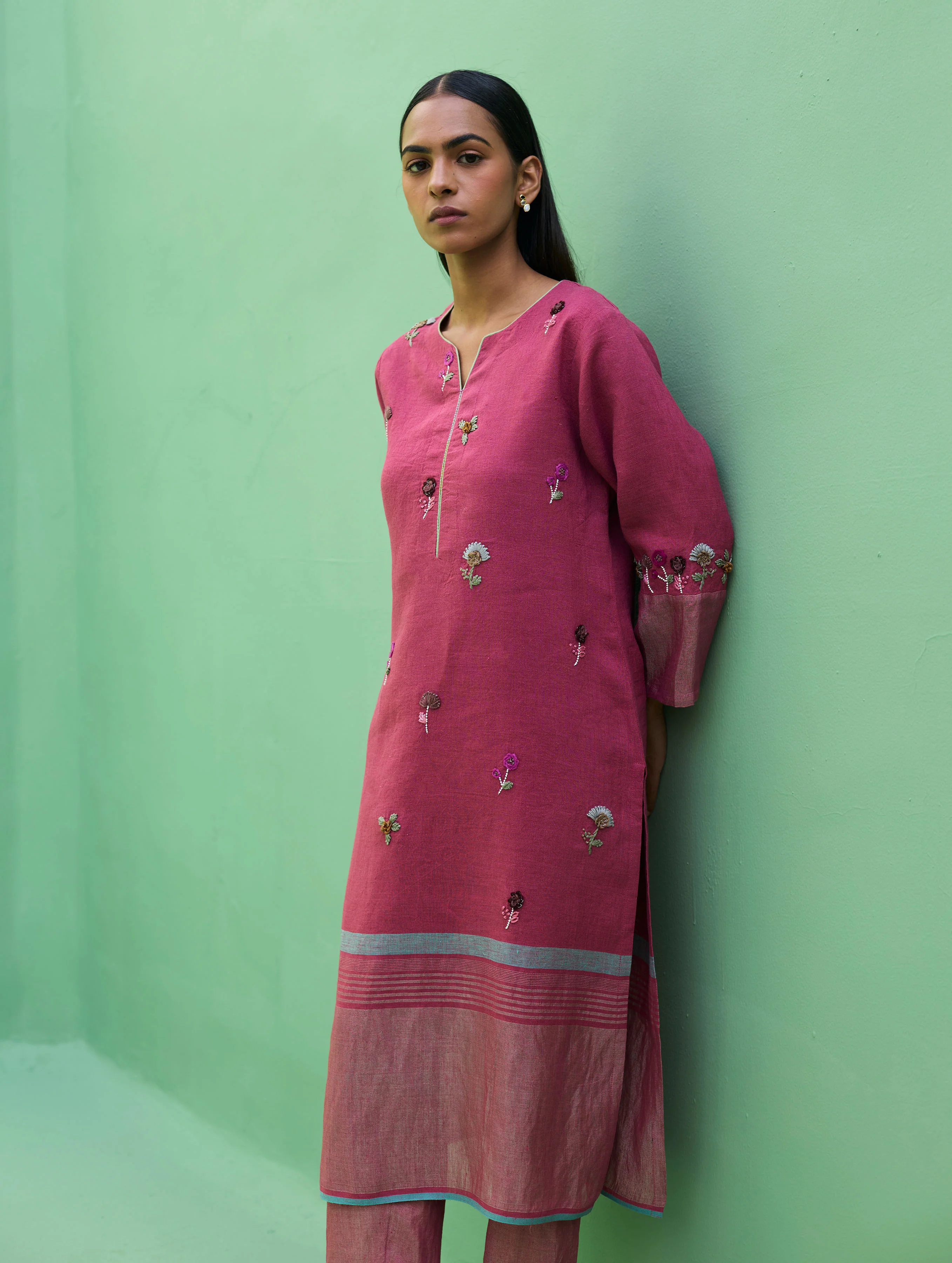 Emile Hand-Embroidered Metallic Linen Kurta - Crimson - Image 8