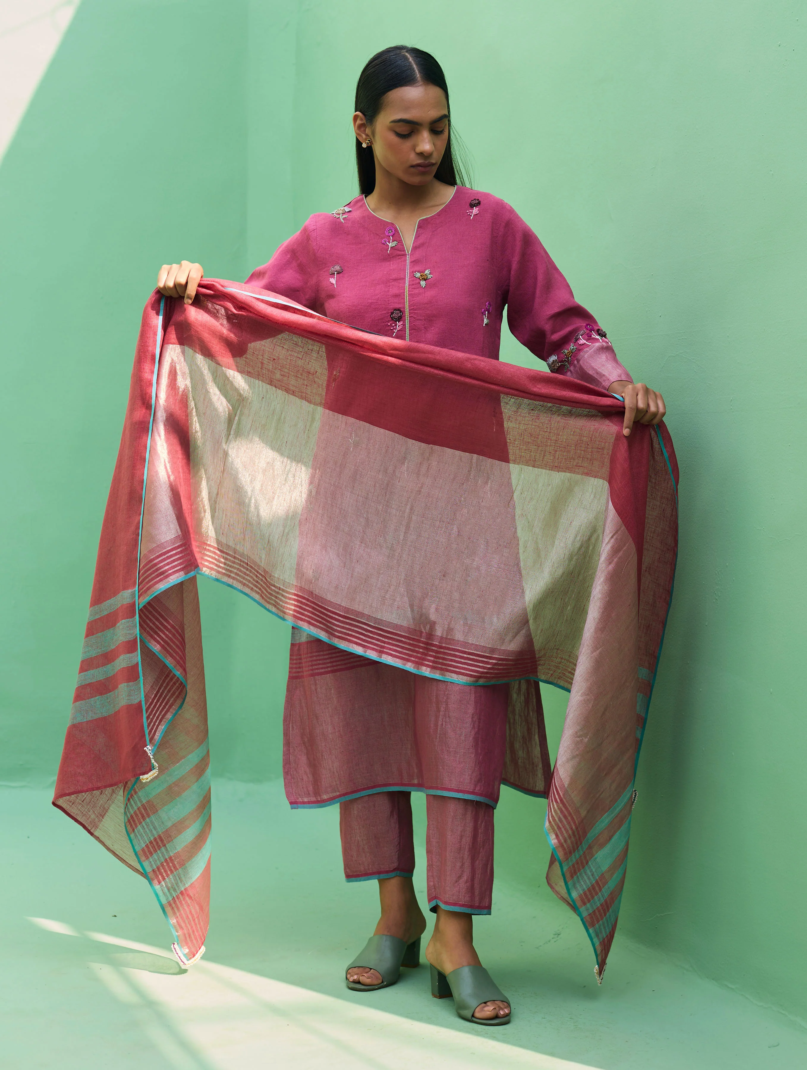 Emile Metallic Linen Hand-Embroidered Kurta Set - Crimson - Image 10