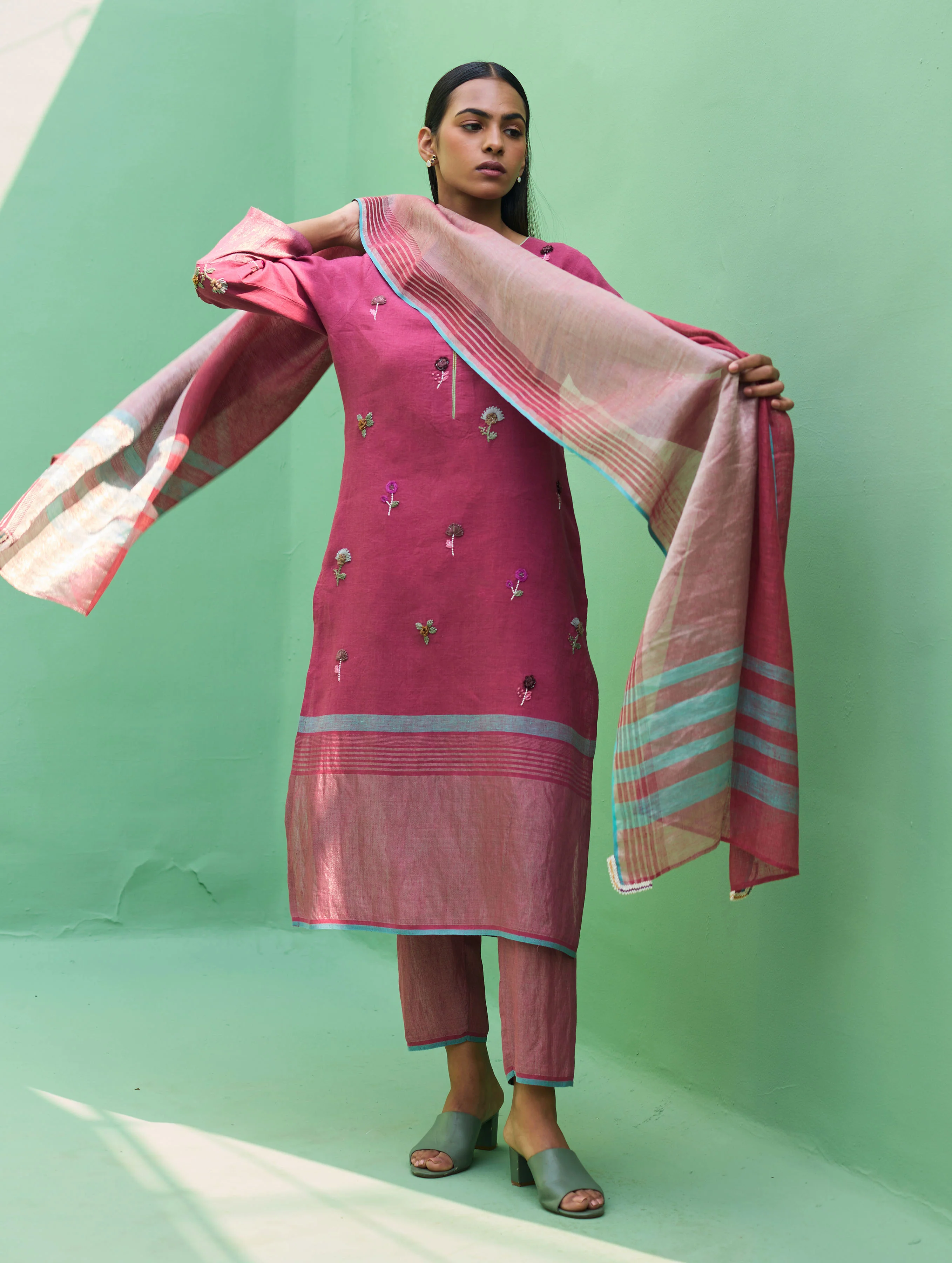 Emile Metallic Linen Hand-Embroidered Kurta Set - Crimson - Image 11