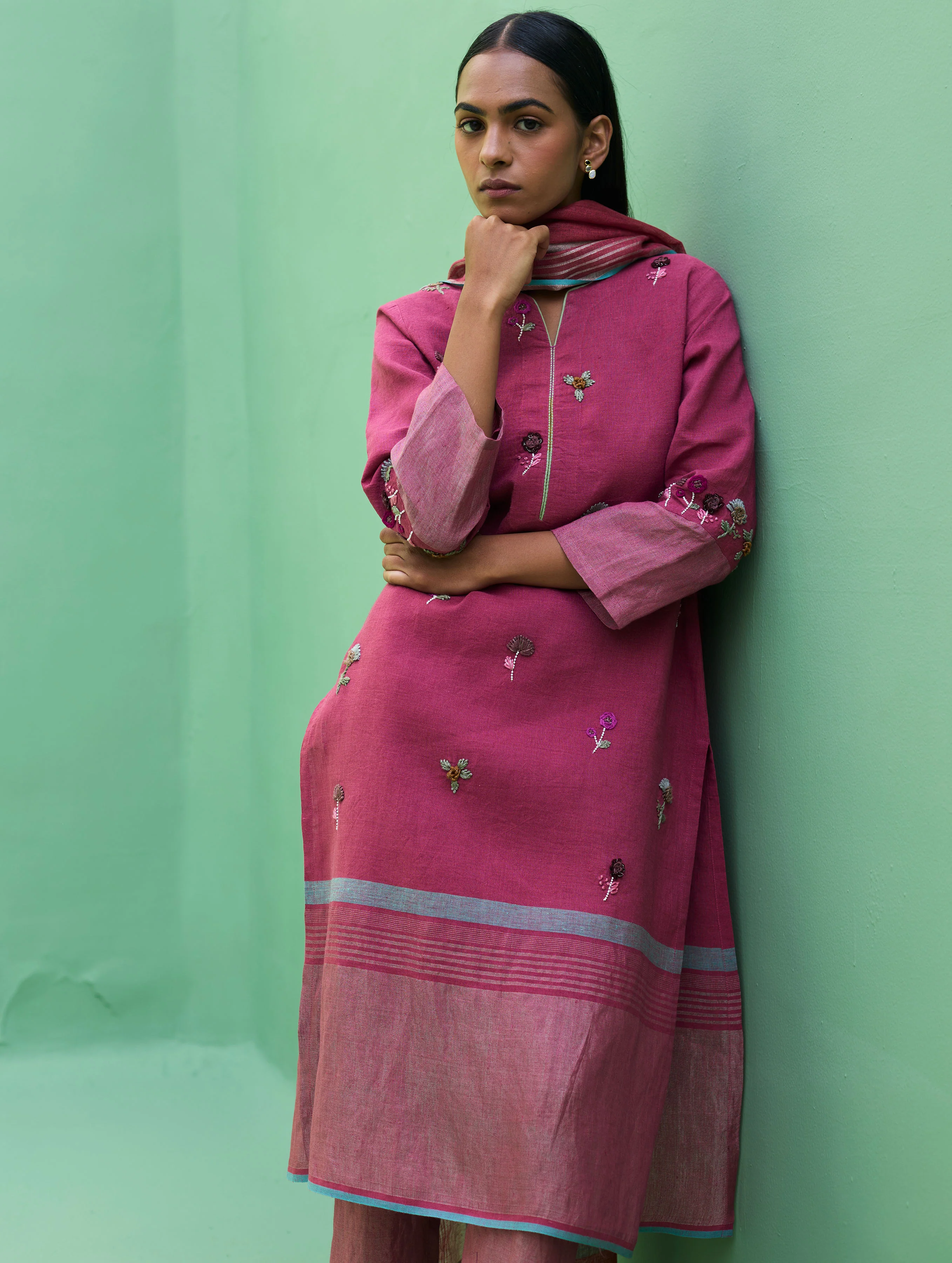 Emile Metallic Linen Hand-Embroidered Kurta Set - Crimson - Image 12