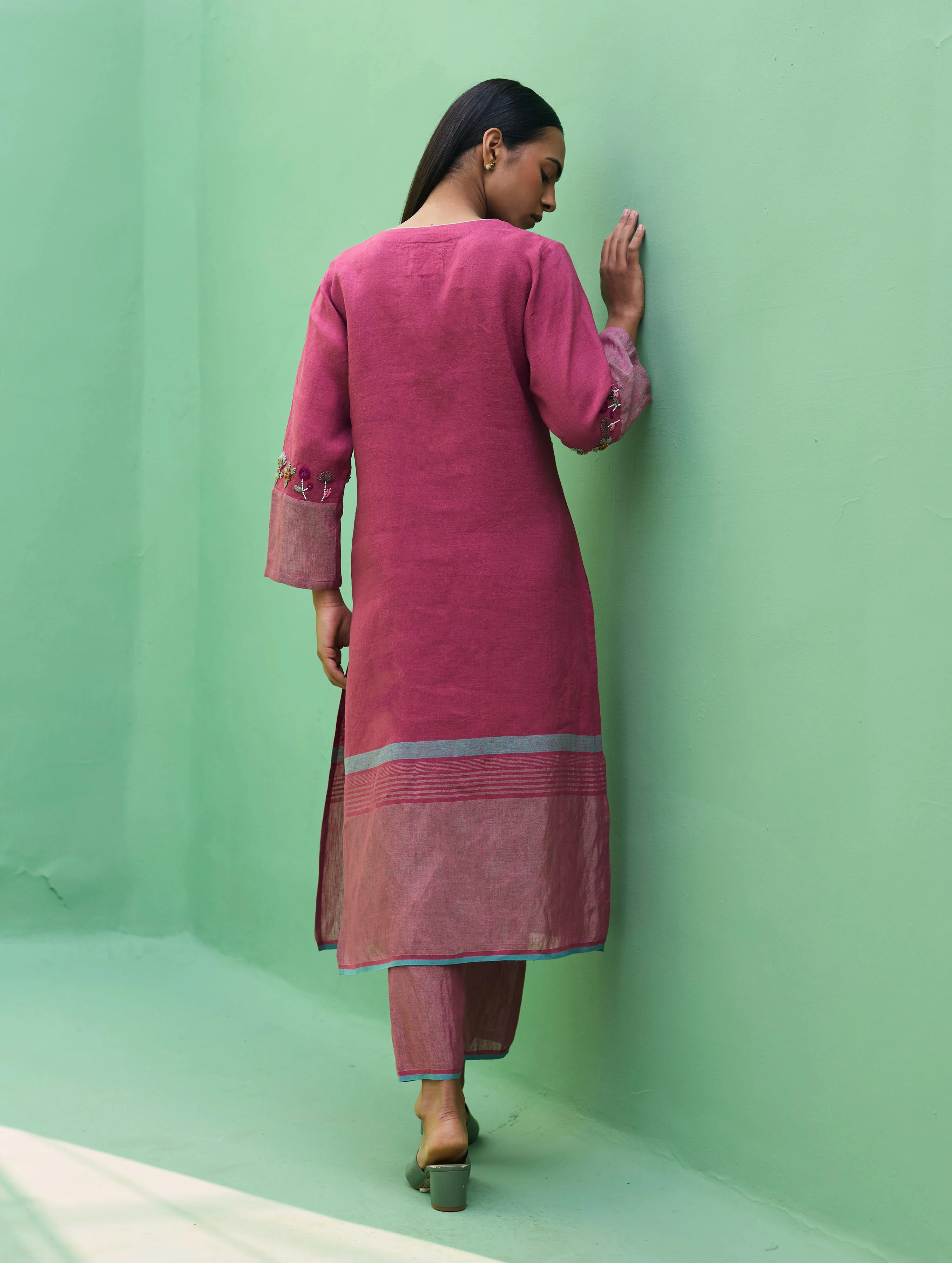 Emile Metallic Linen Hand-Embroidered Kurta Set - Crimson - Image 15